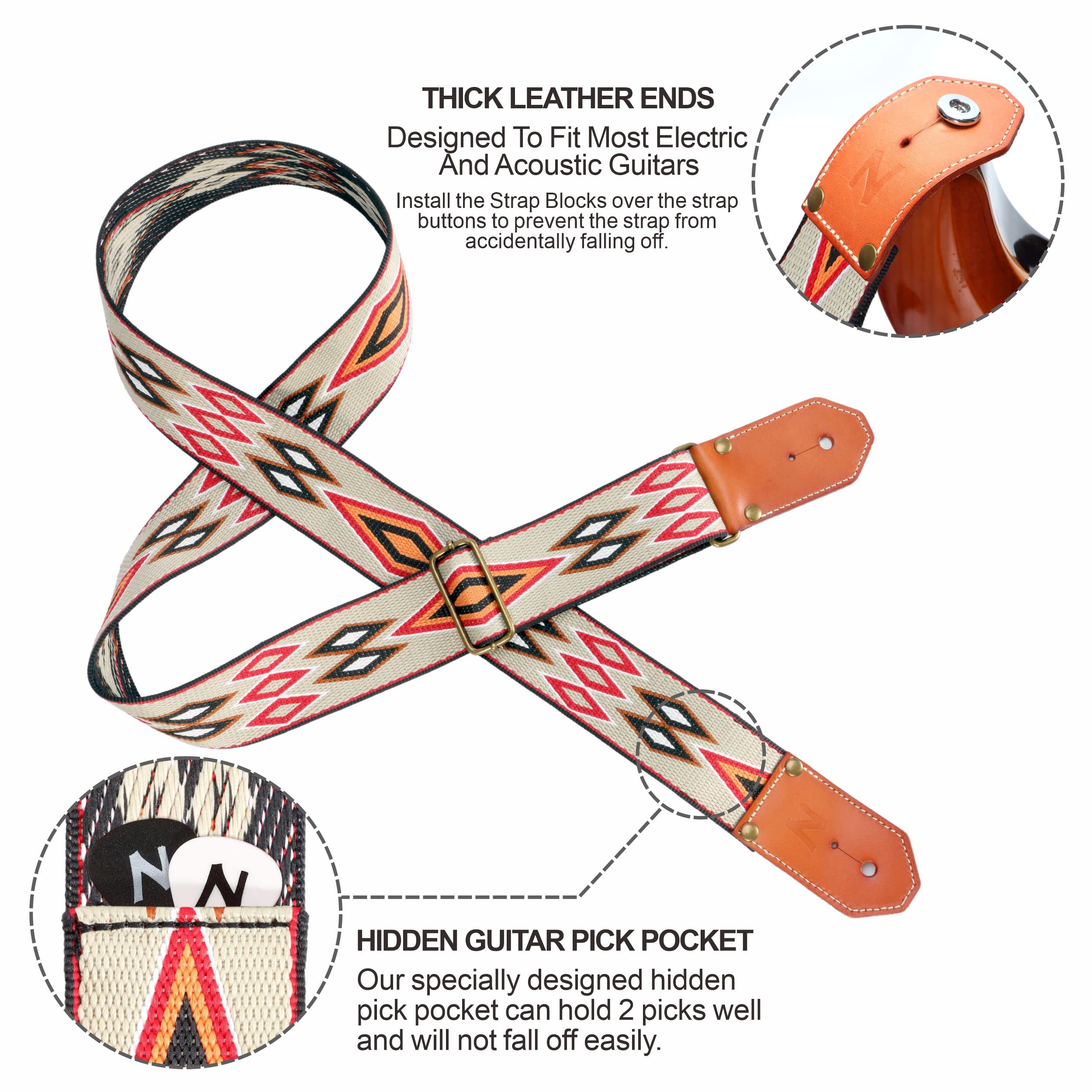 Nefelibata Cool Woven Guitar Strap   Cotton Guitar Straps With Thicked First Layer Vegetable Tanned Cowhide Leather Ends For Aco