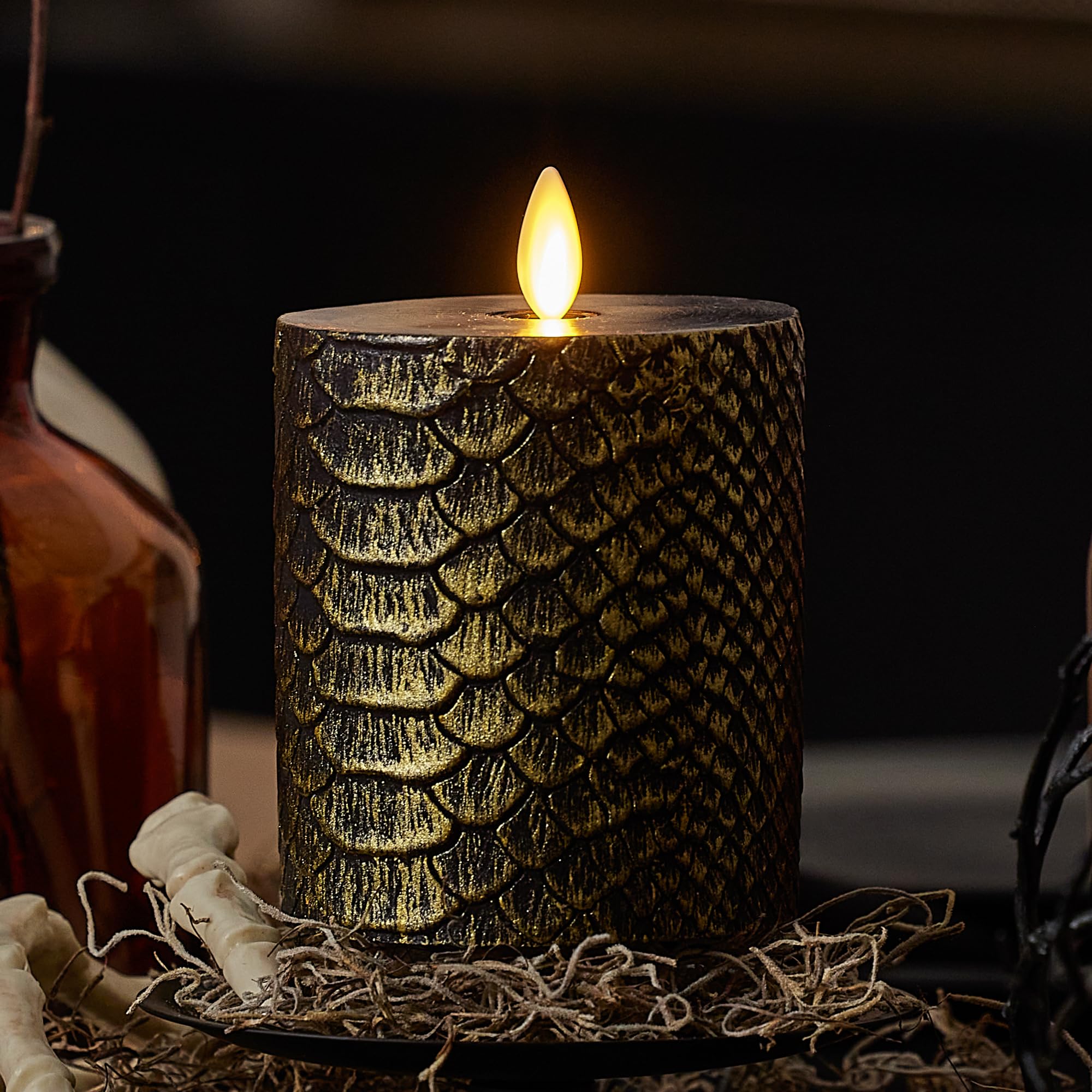 Luminara Black And Gold Snake Skin Flameless Led Candle, Flat Top Moving Flame Pillar, Real Unscented Wax And Timer (3'' X 4.5''