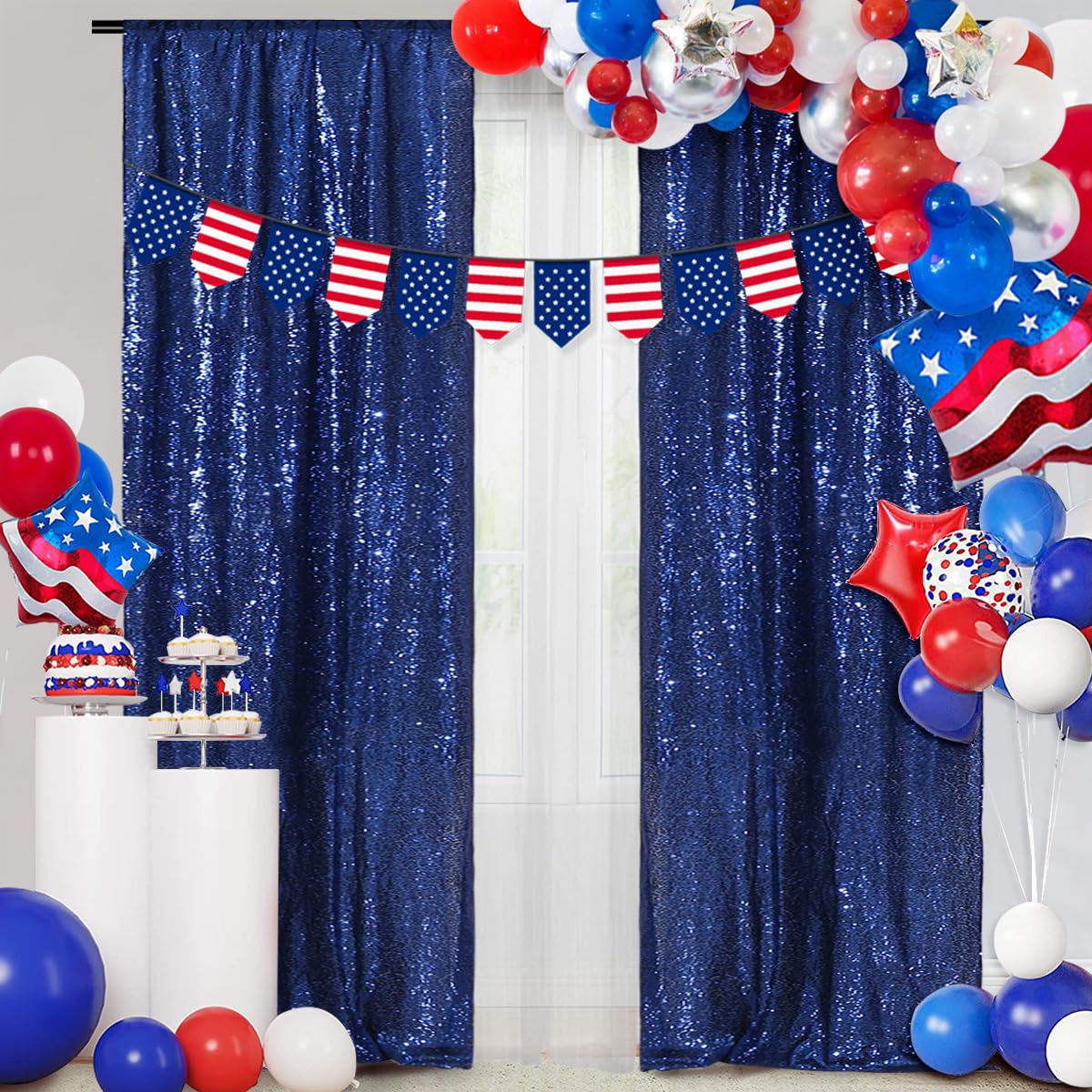 Partydelight Navy Blue 2Ft X 8Ft Sparkly Sequin Backdrop Curtains 2 Panels For Wedding Party Room Decorations