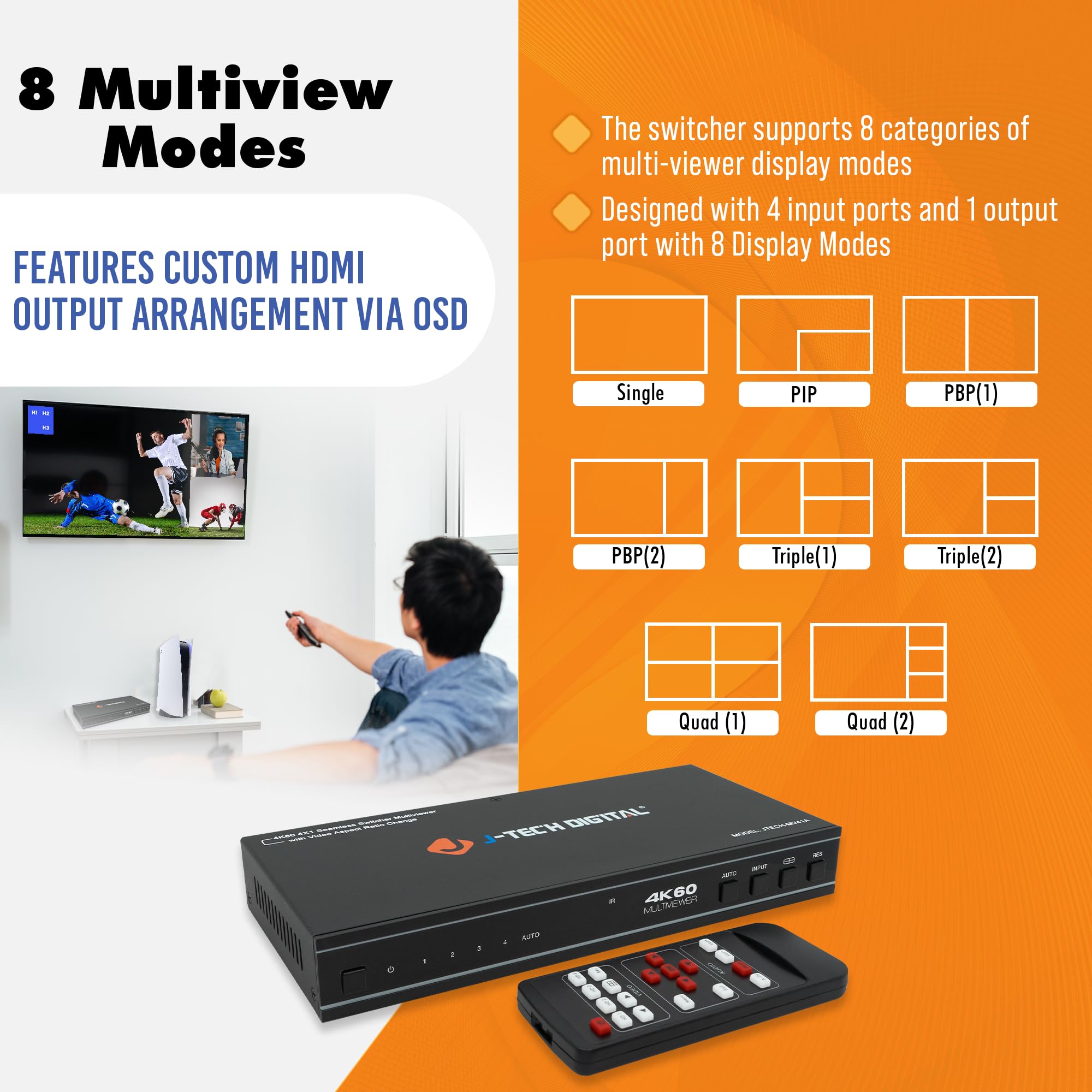 4X1 Hdmi Multi Viewer & Seamless Switcher 4K 60Hz | 4 In 1 Out W/ 8 Display Modes, Audio Extract, Aspect Ratio Change, Osd, Pip,