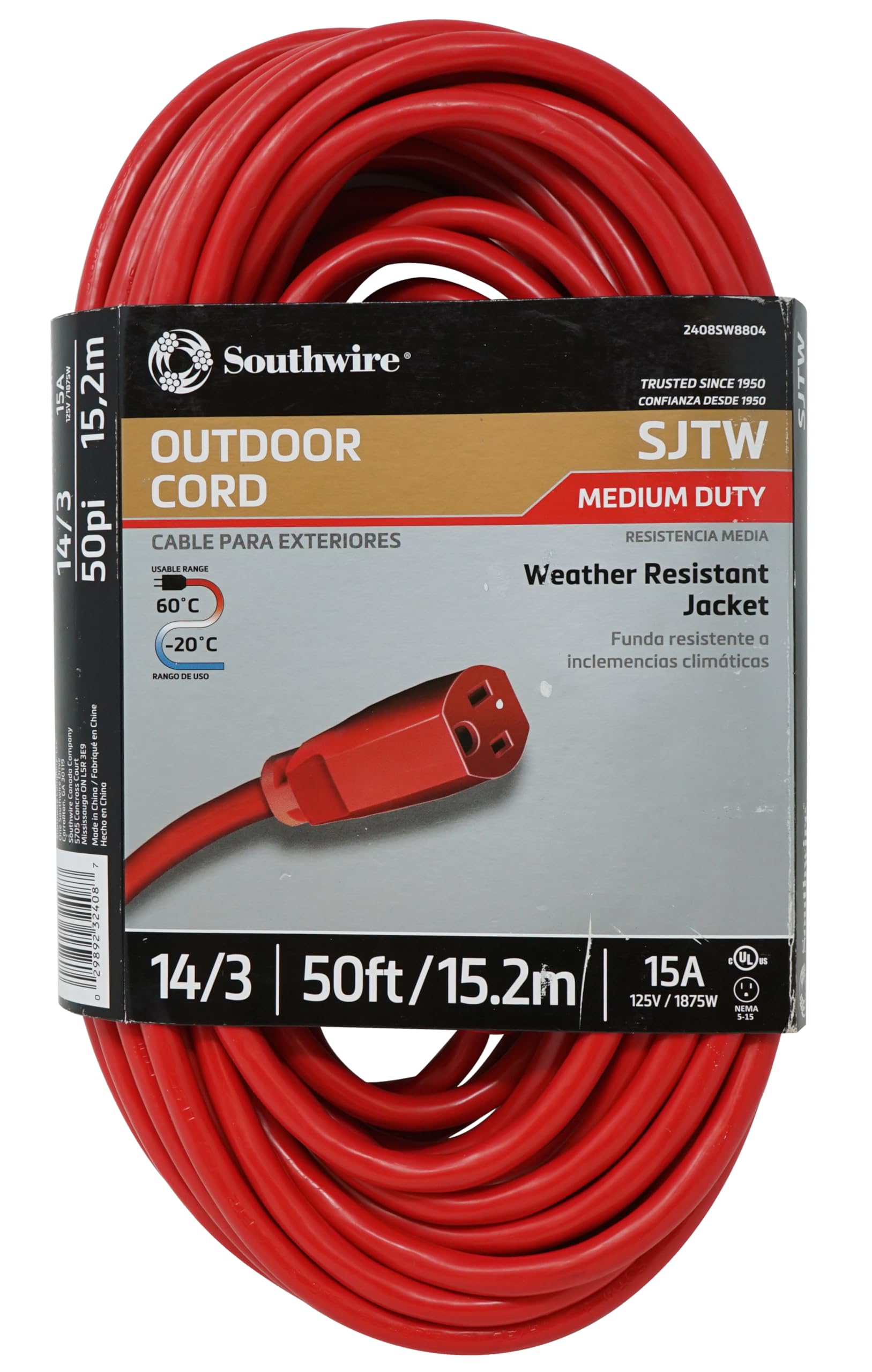 Southwire 2408Sw8804 14/3 Sjtw Ft Vinyl Outdoor All Purpose Extension Cord Waterproof, 50', Red