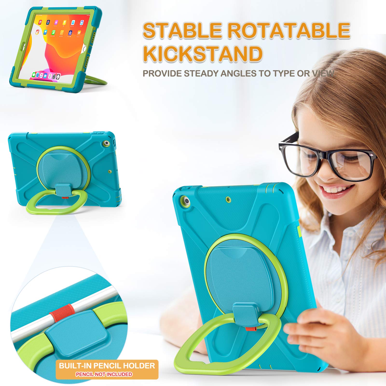 Braecn Case For Ipad 9/8/7,Shockproof Protective Boys Girls Silicone Case With Screen Protector Pencil/Pencil Cap Holder Shoulde