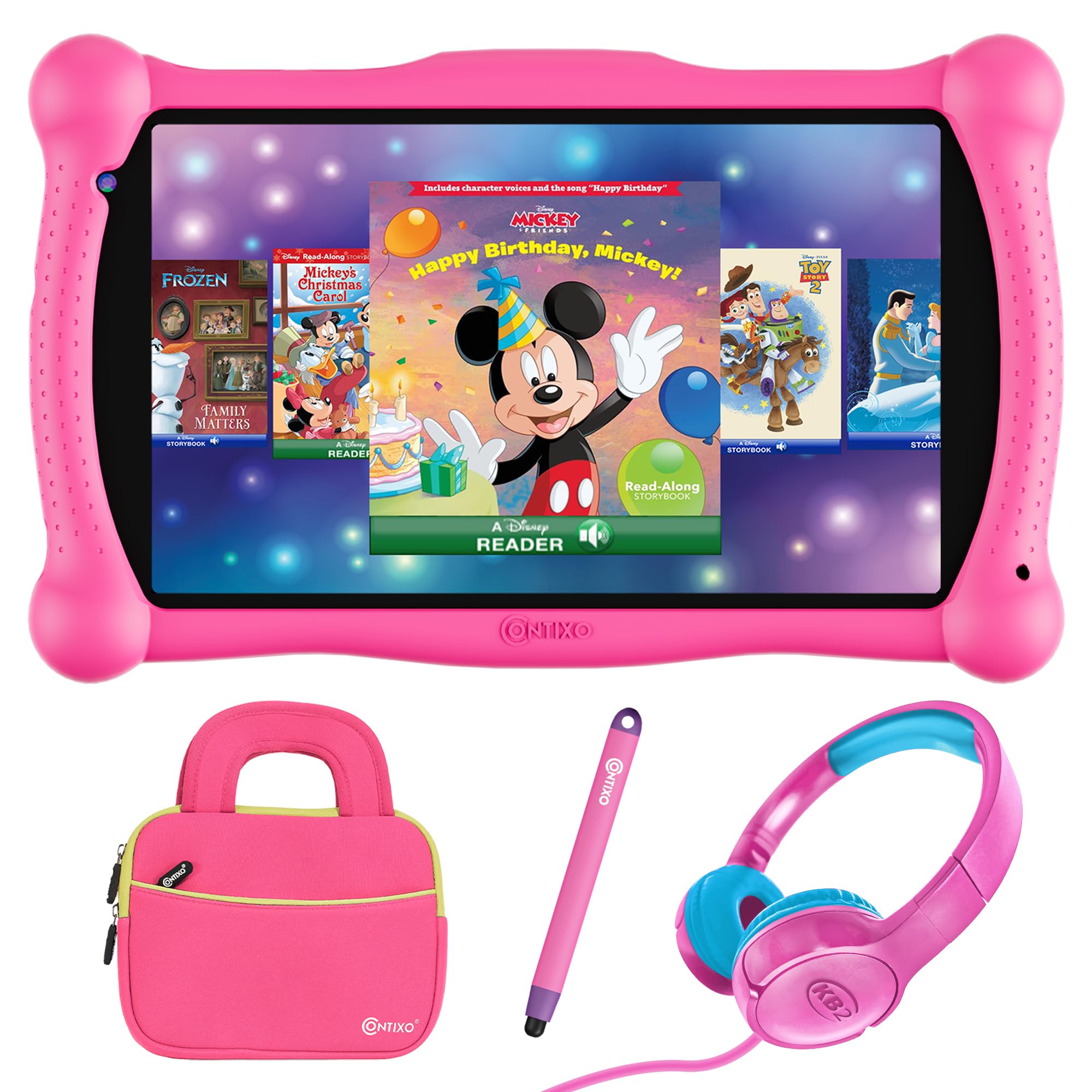 Contixo 7' Disney Kids Learning Tablet Bundle   Wifi, Bluetooth, Headphones, Stylus & Bag, 15 Pre Installed Teacher Approved Apps, Parental Controls, Ideal For Preprimary Education   Pink