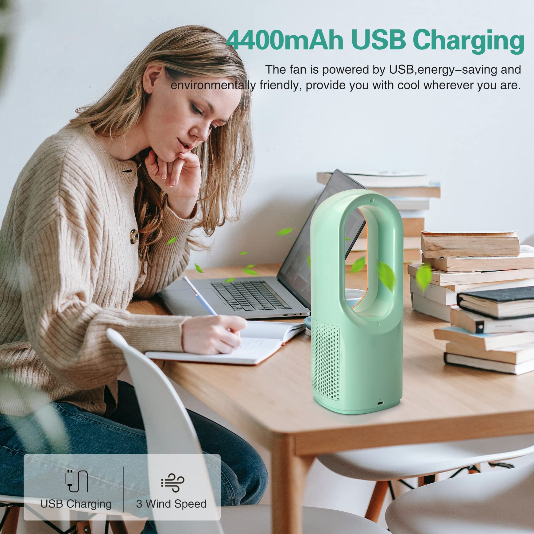 Sismel Bladeless Desk Fan, 11.8 Inch Portable Small Fan Quiet Table Fan Rechargeable Portable Fan, With 3 Wind Speeds For Bedroo