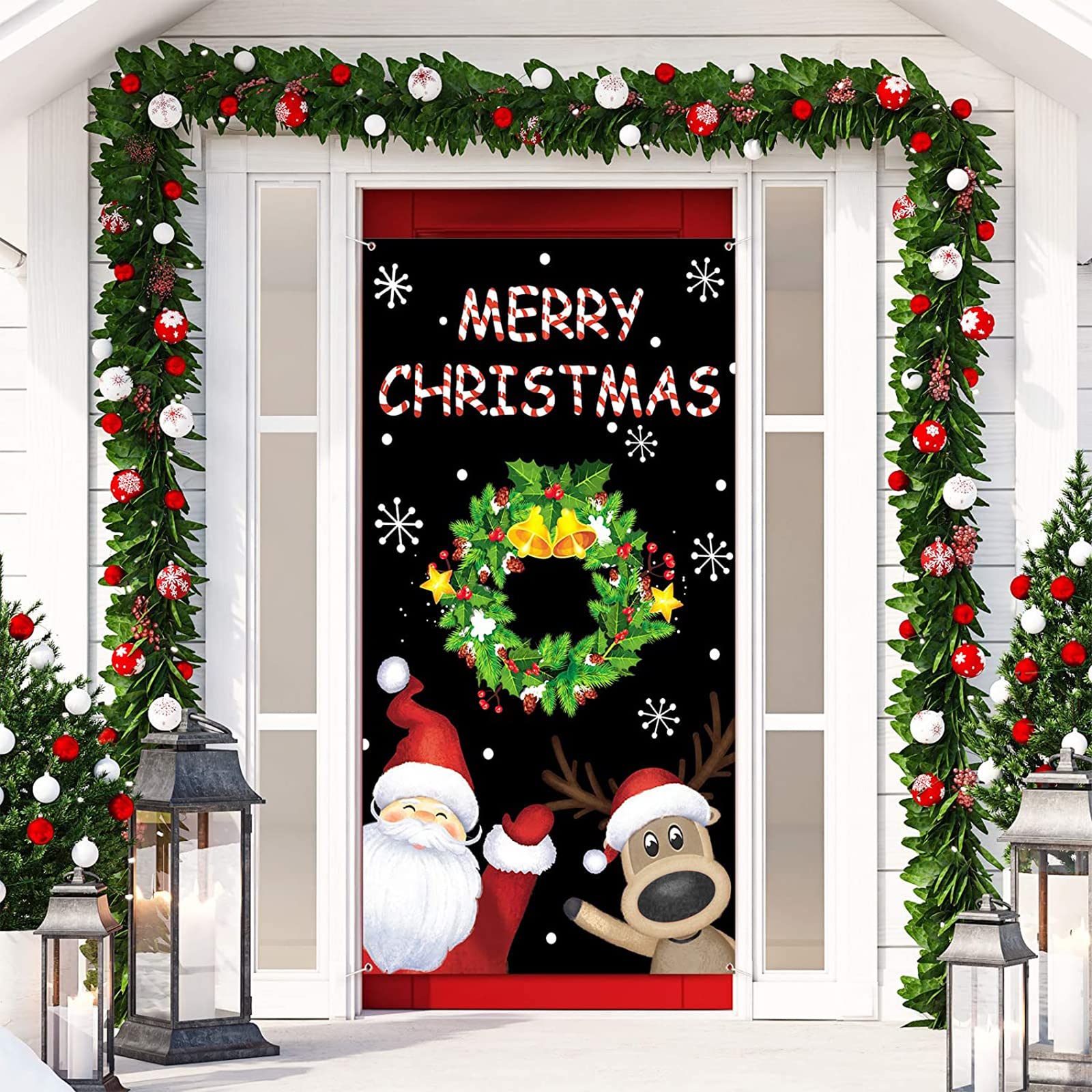 Tatuo Christmas Door Cover Santa Xmas Hanging Cover Xmas Door Cover Banner Reindeer Snowflake Santa Backdrop for Front Door Deco