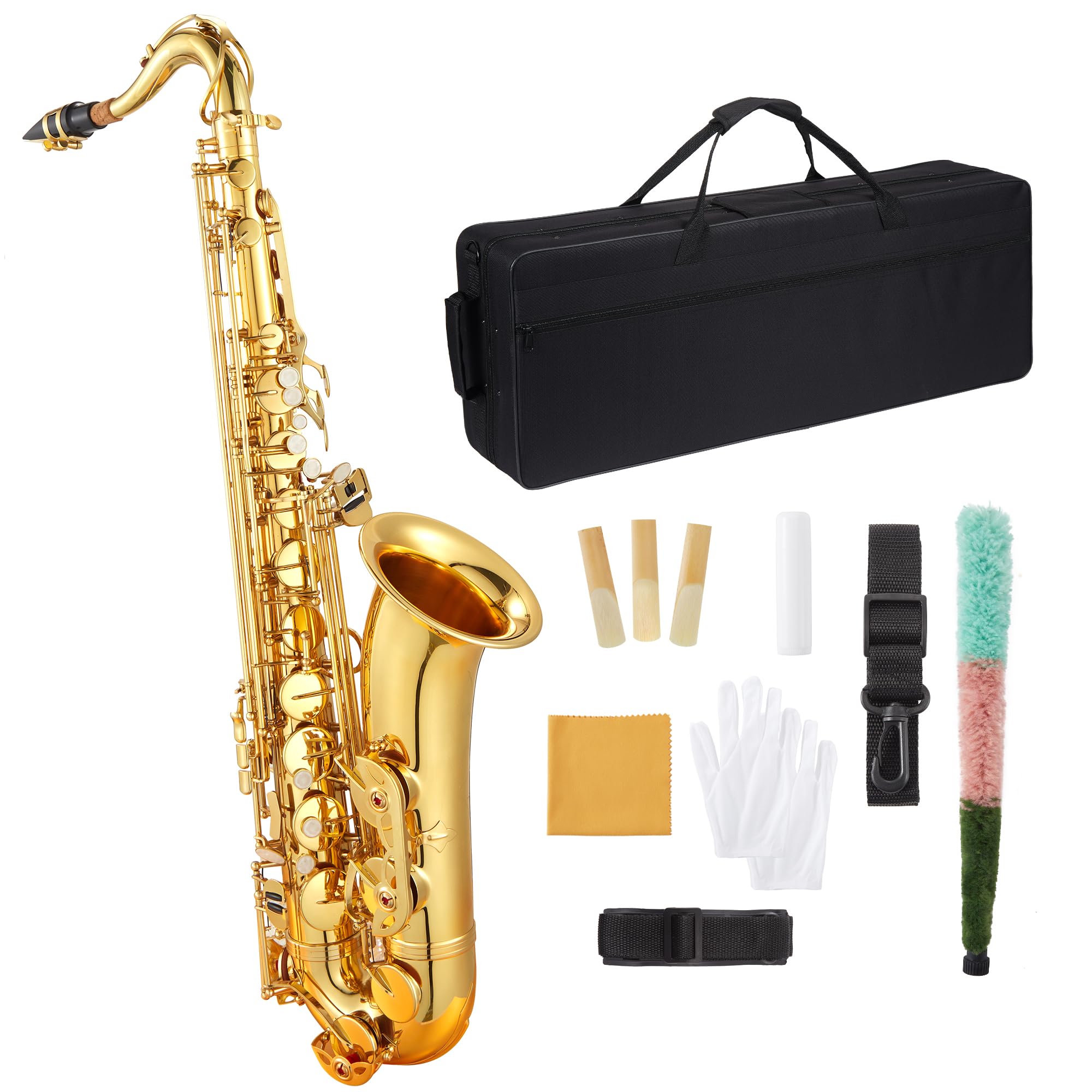 Senfot Brass Bb Tenor Saxophone Set with Case, Cork Grease, Cloth, Shoukder and Leather Neck Strap, Brush, Gloves, Reed; Create 