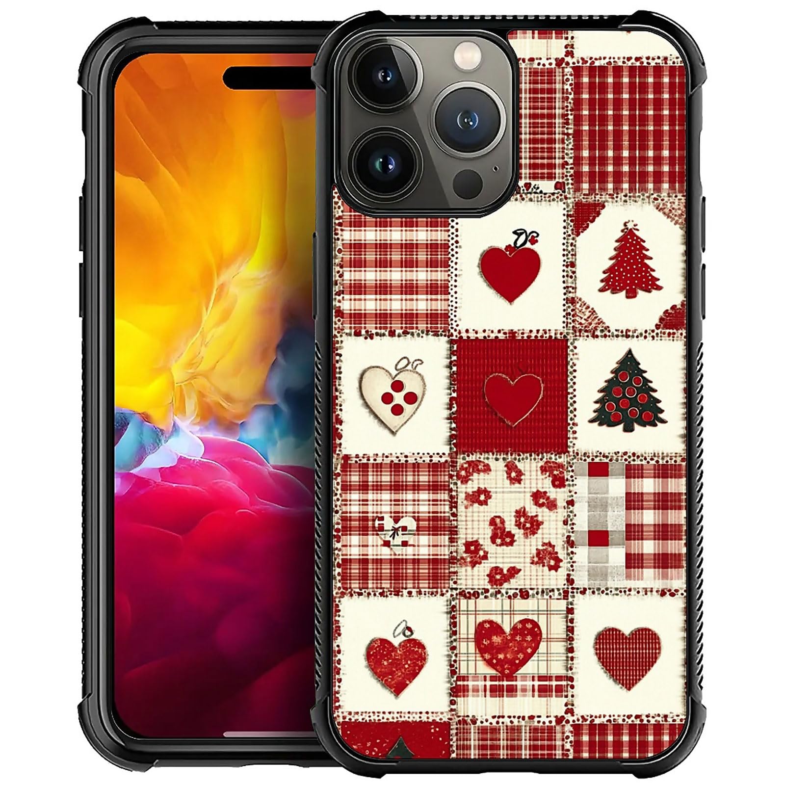 XUANWENPA for iPhone 15 Pro Case,The Black Shell Design is Bright,Anti Drop and Dust-Proof,Christmas Tree and Checkered Heart.