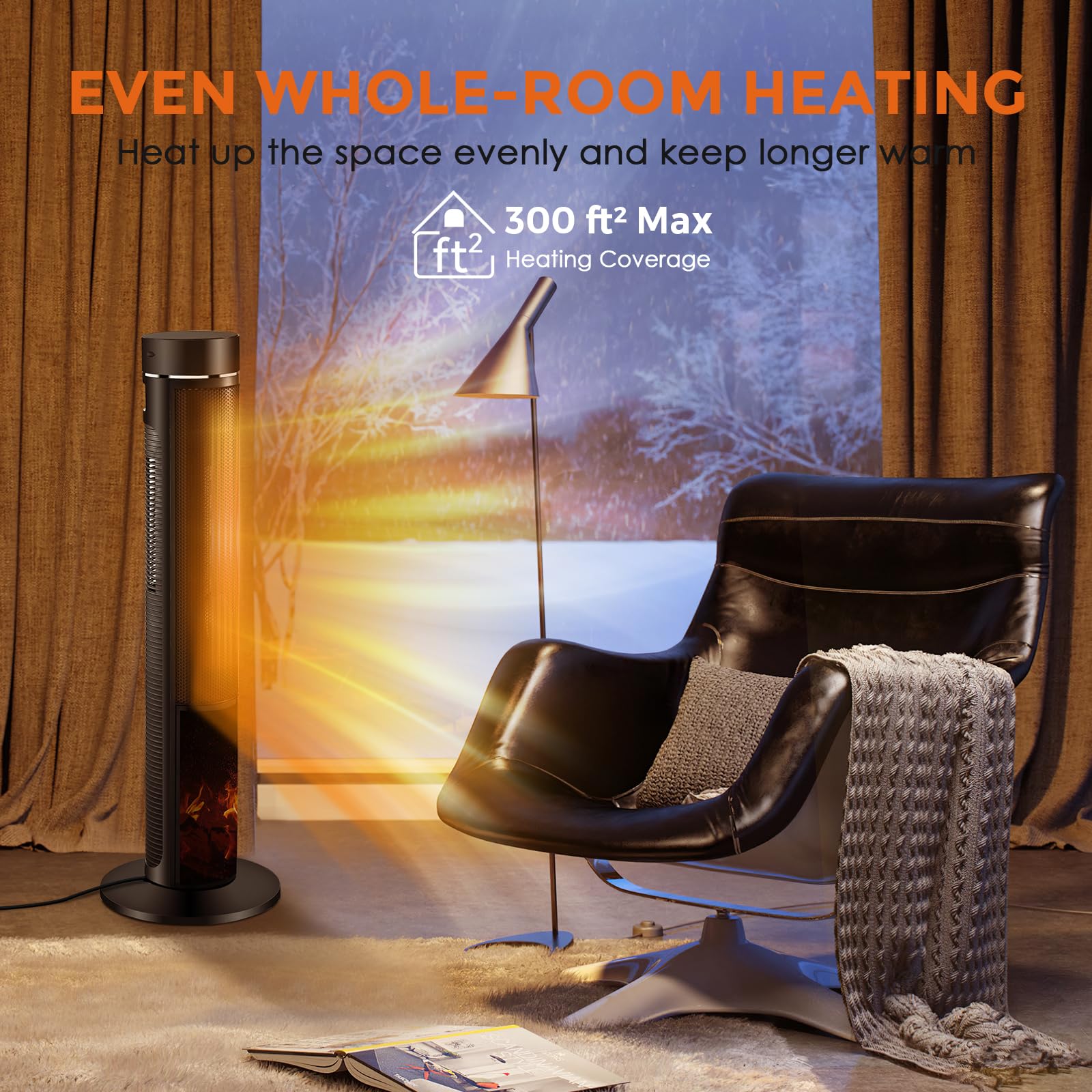 Trustech 36'' Tower Space Heater For Large Room, 1500W Ptc Electric Tower Heater With Adjustable Thermostat, 4 Modes & 3D Flame,