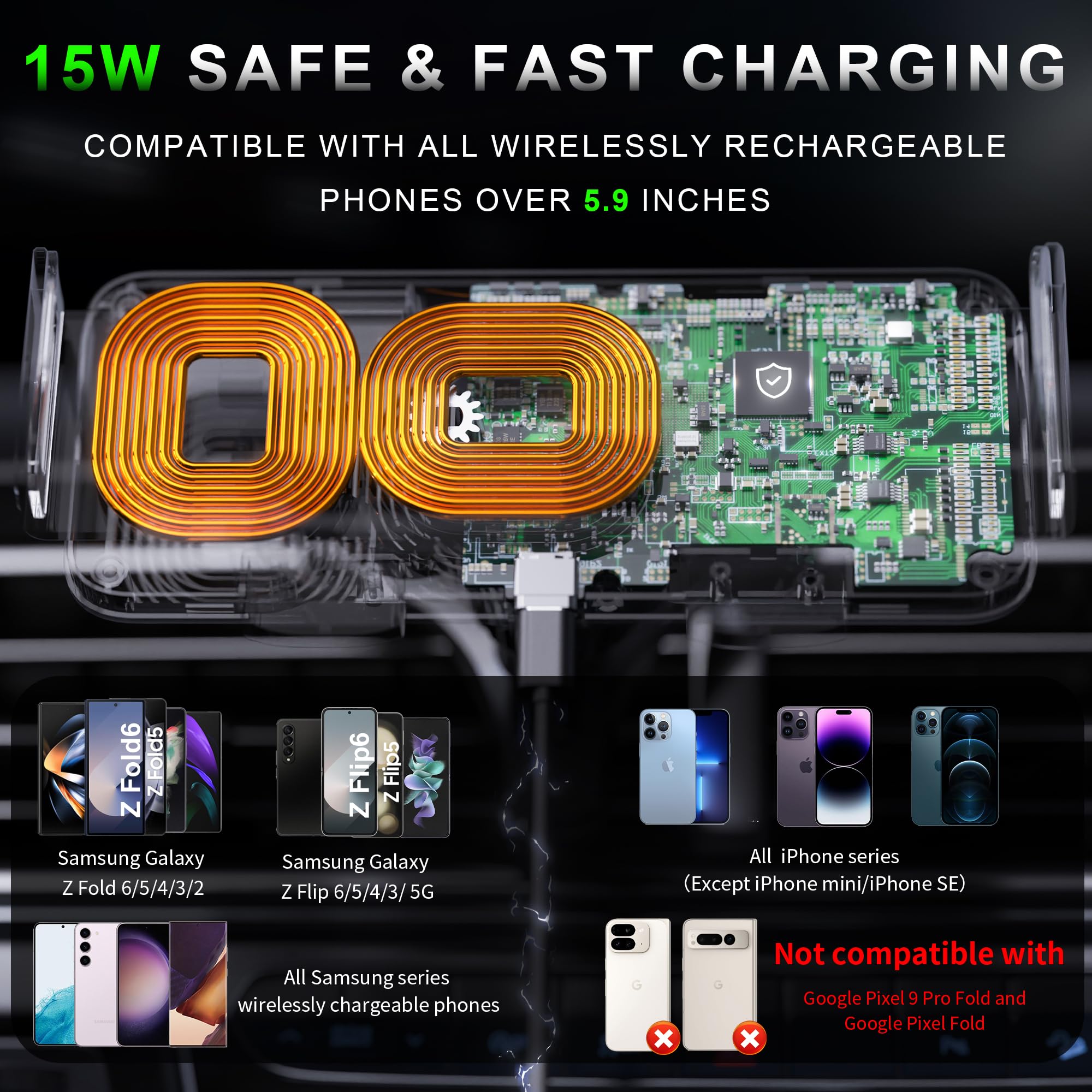 Jdhdl Wireless Car Charger Mount, Auto-Clamping 15W Dual Coil One-Touch 90 Rotatable Car Phone Holder Wireless Charger For Samsu