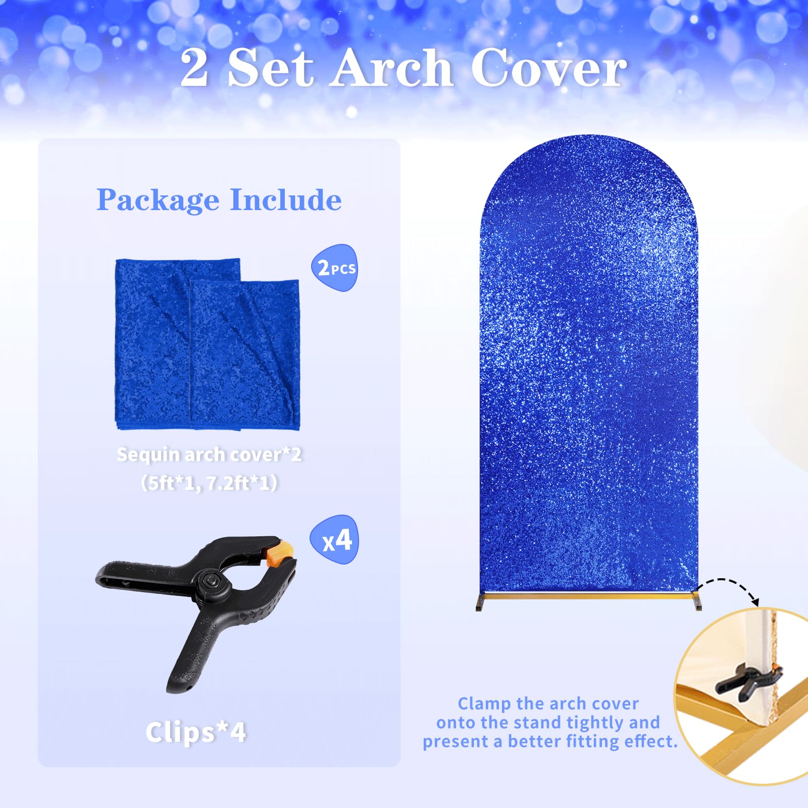 Navy Blue Sequin Arch Backdrop Cover Set Of 2 Sparkly Fabric Arch Covers 6Ft,7.2Ft Spandex Fitted Cover For Party Wedding Banque