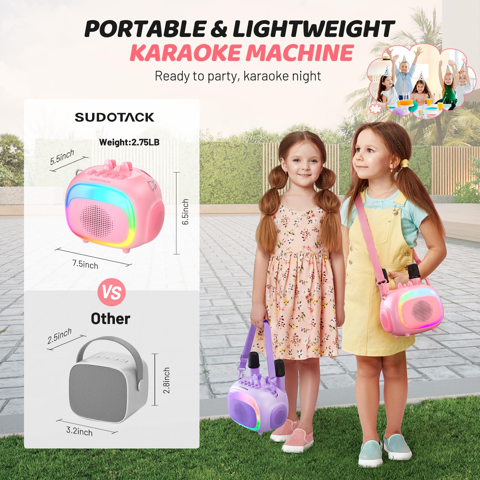 Sudotack Mini Karaoke Machine For Kids, Portable Bluetooth Karaoke Speaker With 2 Wilreless Microphones With Led Lights, Christm
