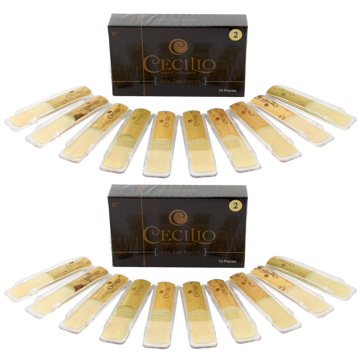 Cecilio Alto Saxophone Reeds   Two 10 Pack With Individual Plastic Cases   Strength 2.0   Total Of 20 Reeds