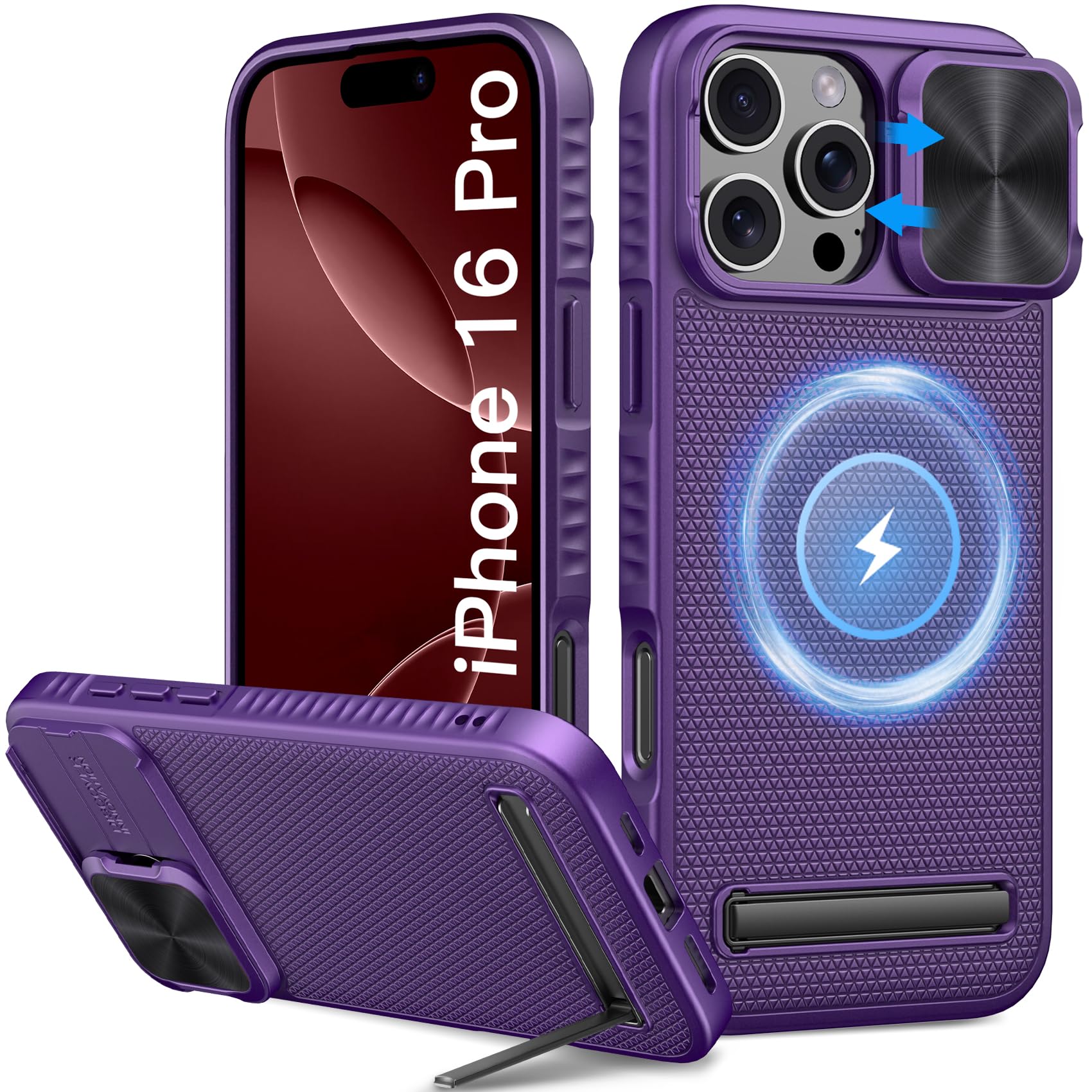 Vihibii For Iphone 16 Pro Case With Kickstand & Slide Camera Cover, [Compatible With Magsafe], Military Grade Drop Protection, S
