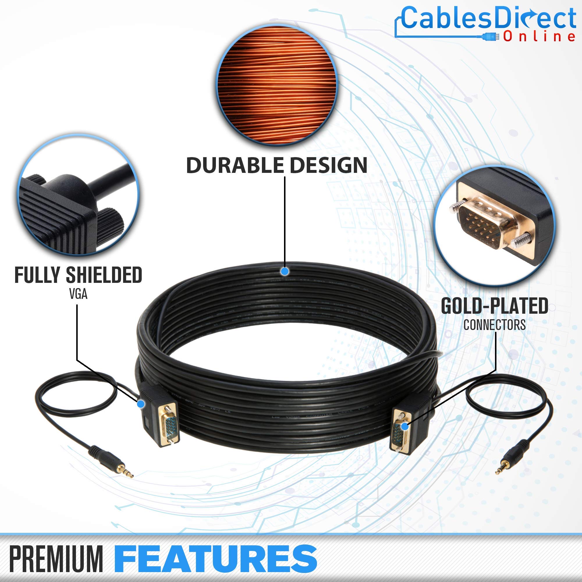 Cables Direct Online 6Ft Svga + Audio Monitor Cable   Male To Male Vga To Vga 1080P For Pc, Projector, Laptop, Tv
