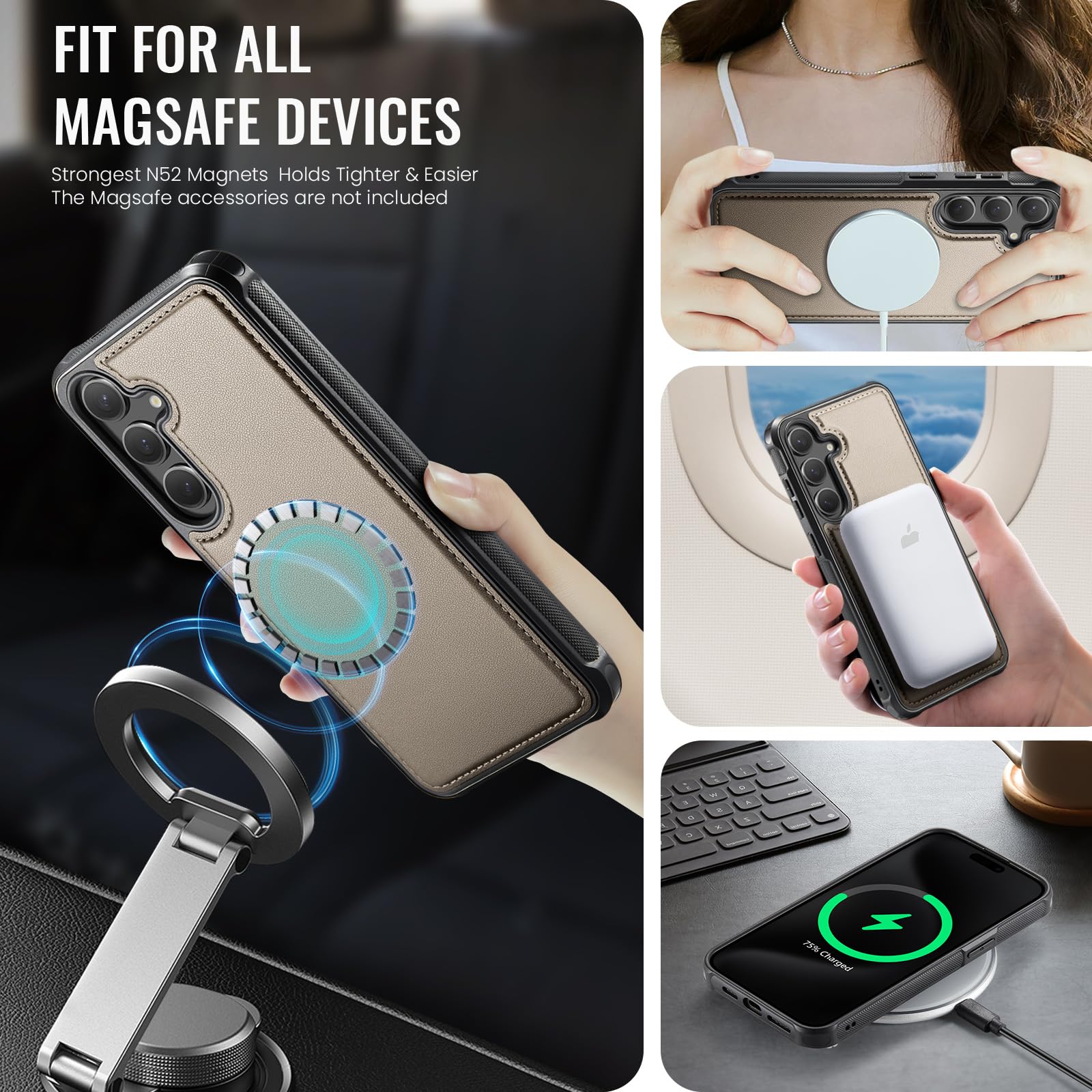 Usroom Compatible With Magsafe For Samsung Galaxy S25 Wallet Case Magnetic Card Holder, Rfid Blocking 2 In 1 Detachable Kickstan