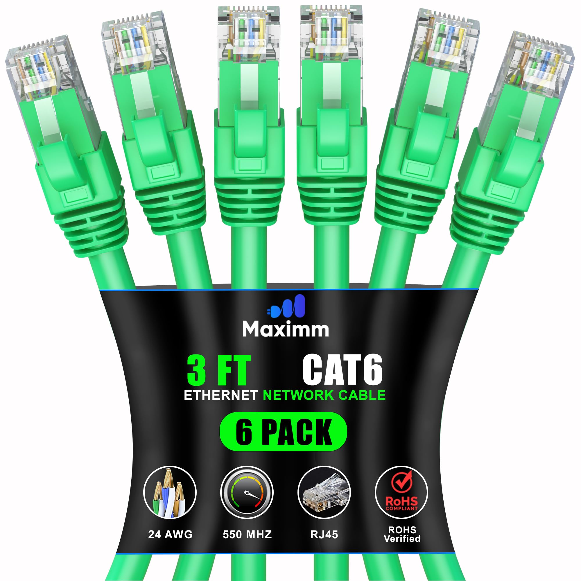 Maximm Cat 6 Ethernet Cable 3 Ft (6 Pack)   High Speed Lan Cable, Internet Cable, Patch Cable, And Network Cable   Utp, 10Gbps, 550Mhz Ethernet Cord   Green