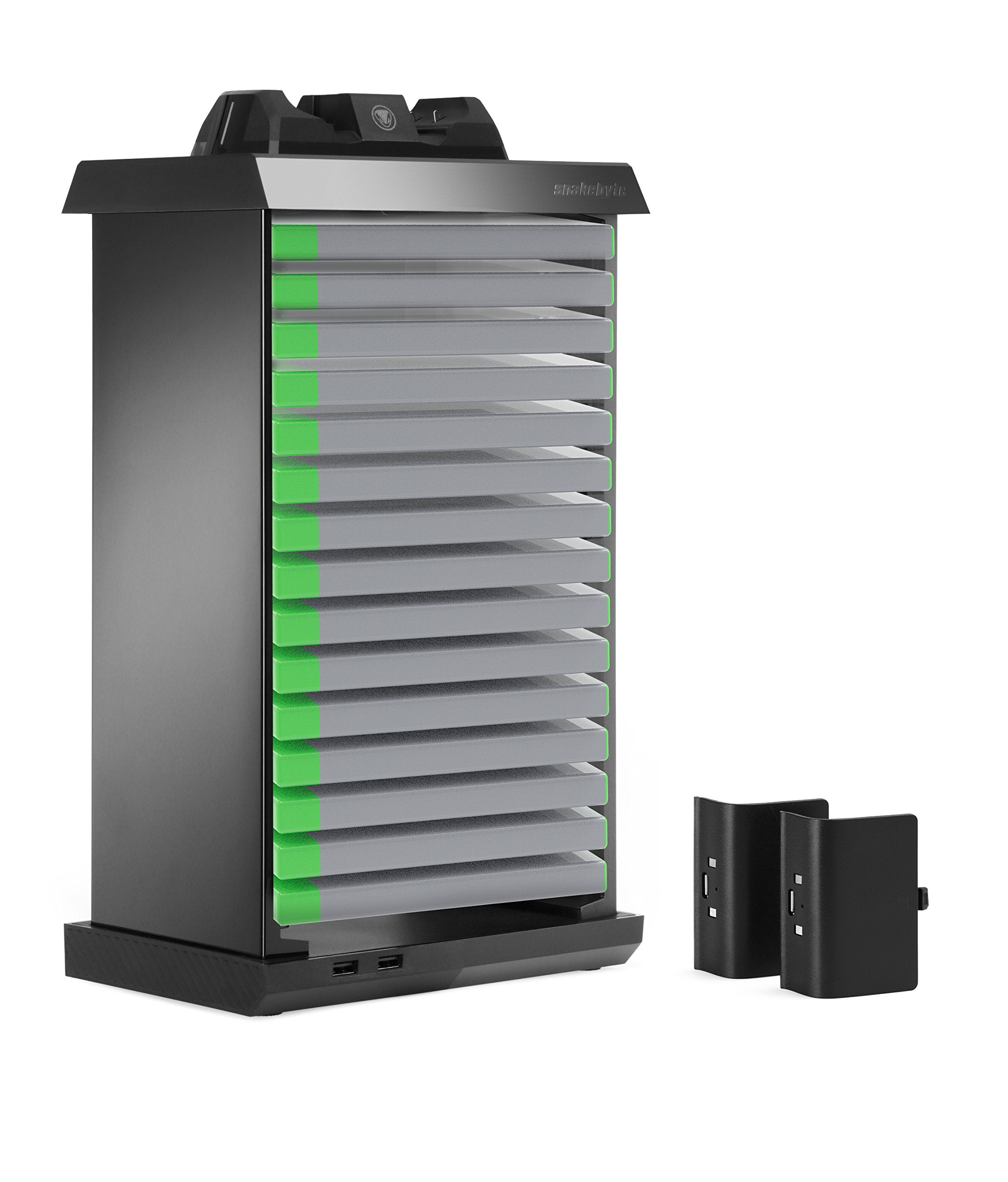 Snakebyte XBOX One Charge Tower Pro - Twin Docking Station with Games Tower for 15 Games, Charger and Battery Packs for 2 Contro