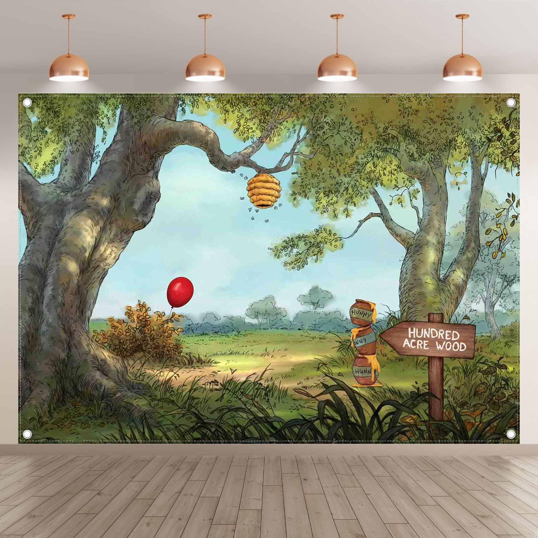 Yriujul 7X5Ft Fabric Hunny Cartoon Spring Forest Photography Backdrop Hundred Sweet Honey Bear Background Bee Acre Red Balloon W