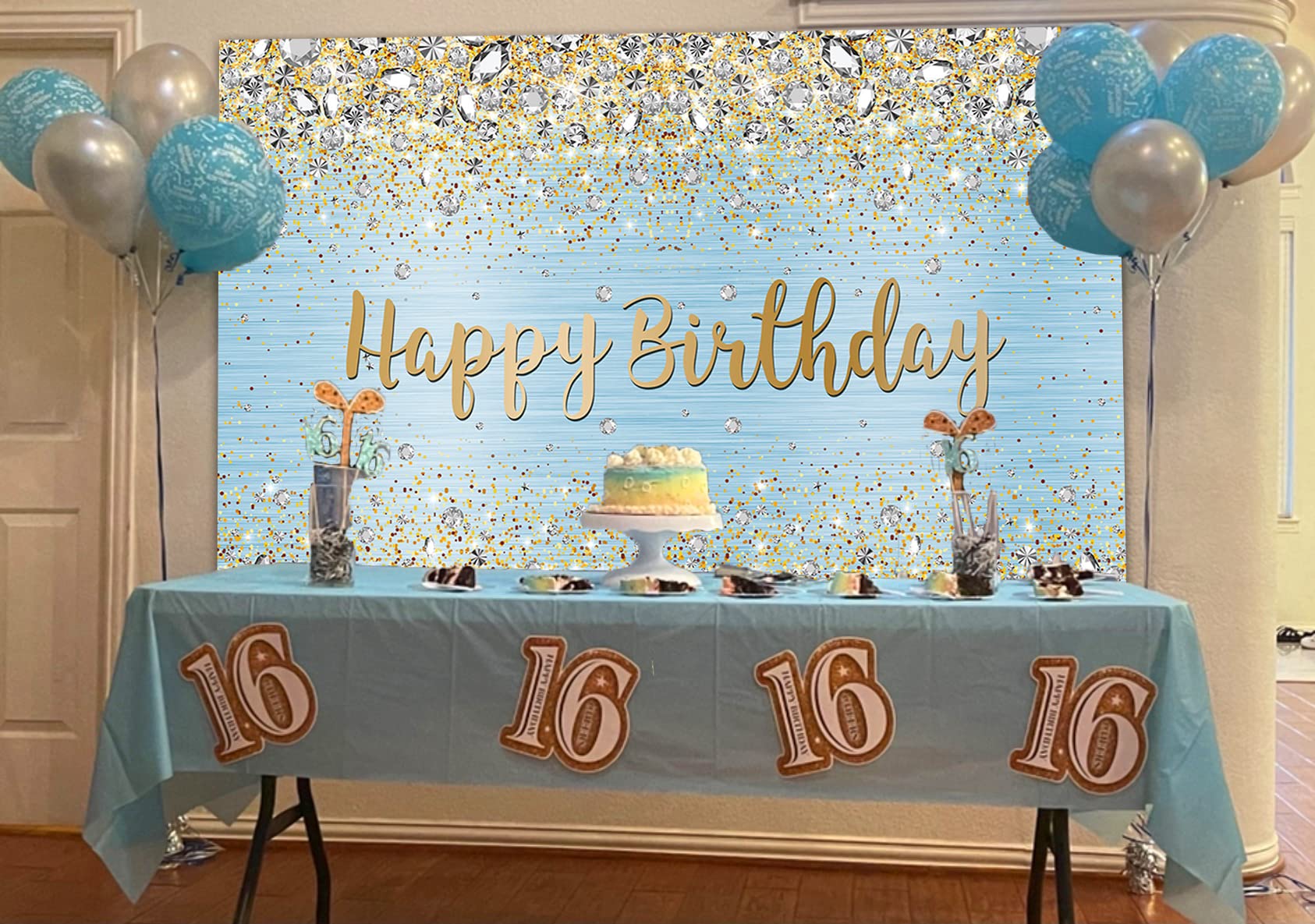 Wda Blue Happy Birthday Backdrop Golden Diamond Shiny Bokeh Photography Background Sweet Girl Party Photo Decoration Banner Dess