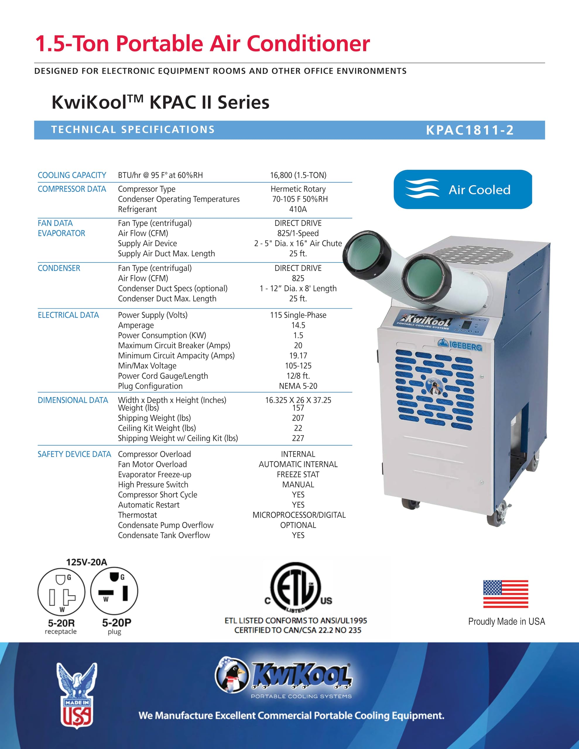 Kwikool Kpac1811 2 Air Cooled 1.5 Ton Portable Spot Cooler