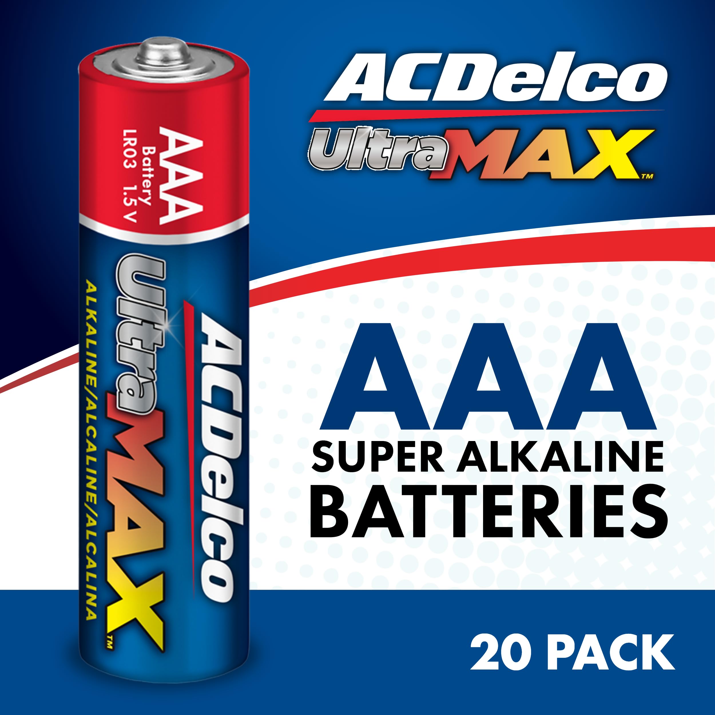 Acdelco Ultramax 20-Count Triple Aaa Batteries, Alkaline Battery With Advanced Technology For Home And Office, 10-Year Shelf Lif