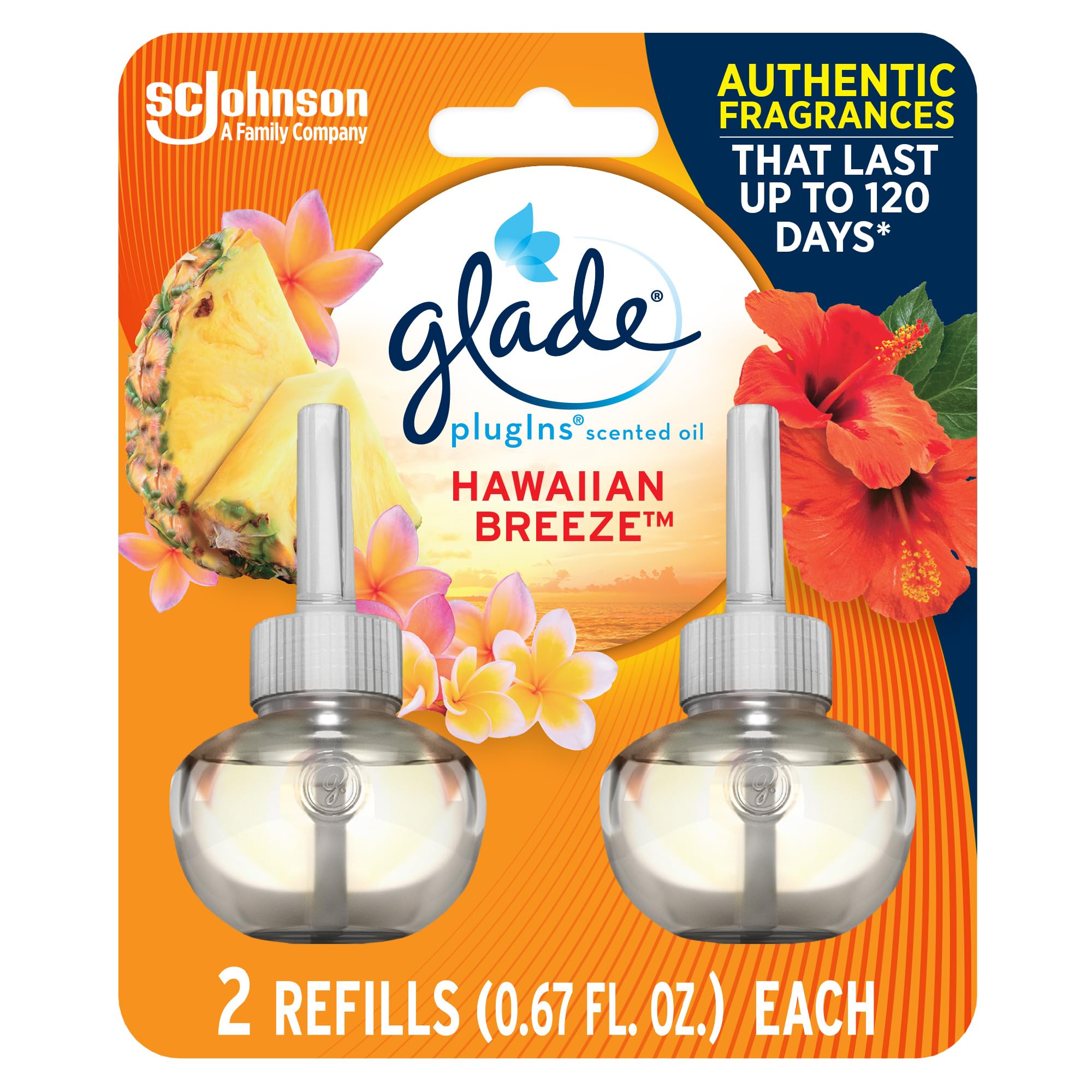 Glade Plugins Refills Air Freshener, Scented And Essential Oils For Home And Bathroom, Hawaiian Breeze, 1.34 Fl Oz, 2 Count