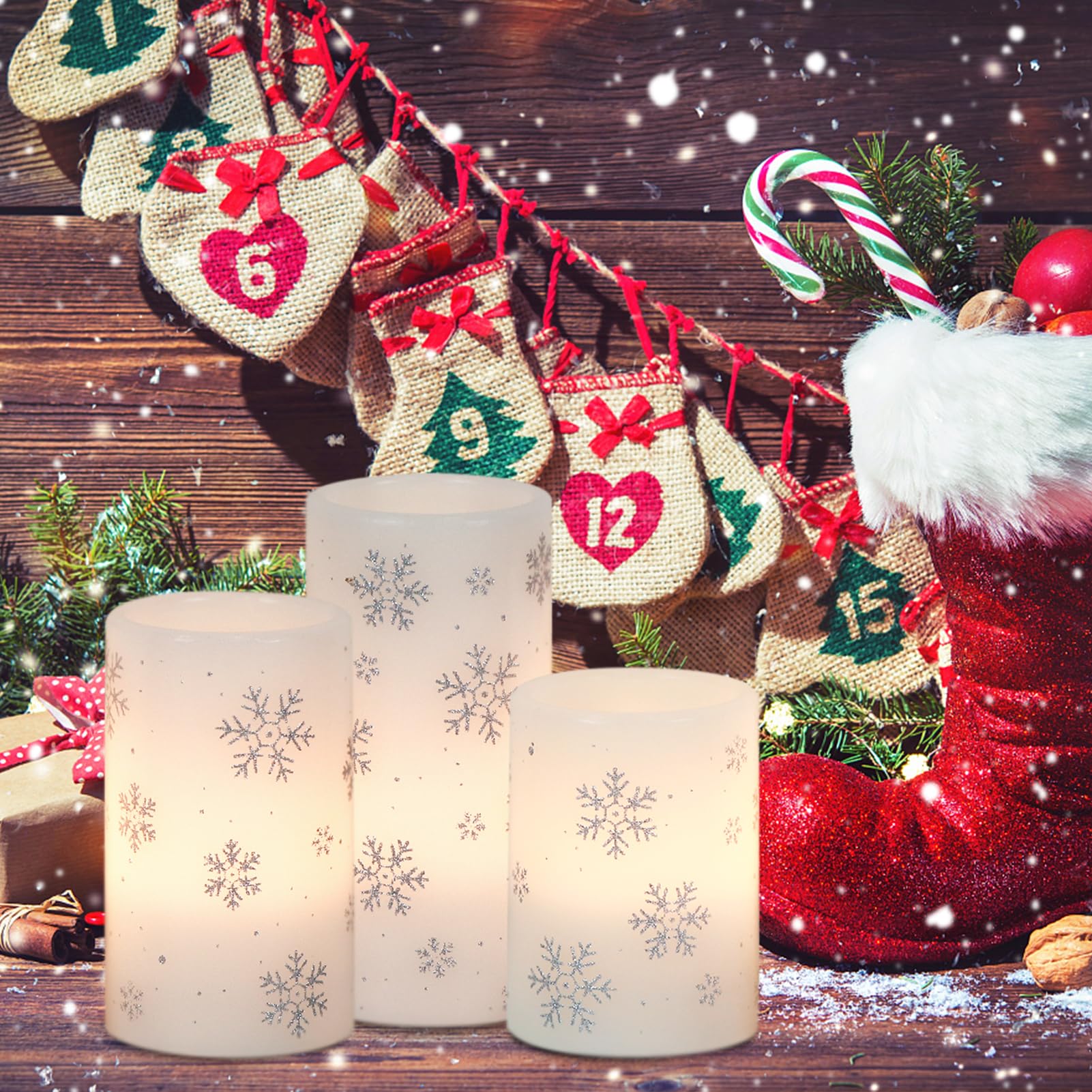 Dromance Silver Snowflake Flameless Flickering Candles Battery Operated With 6H Timer, 3 Pack Real Wax Warm Light Led Pillar Can