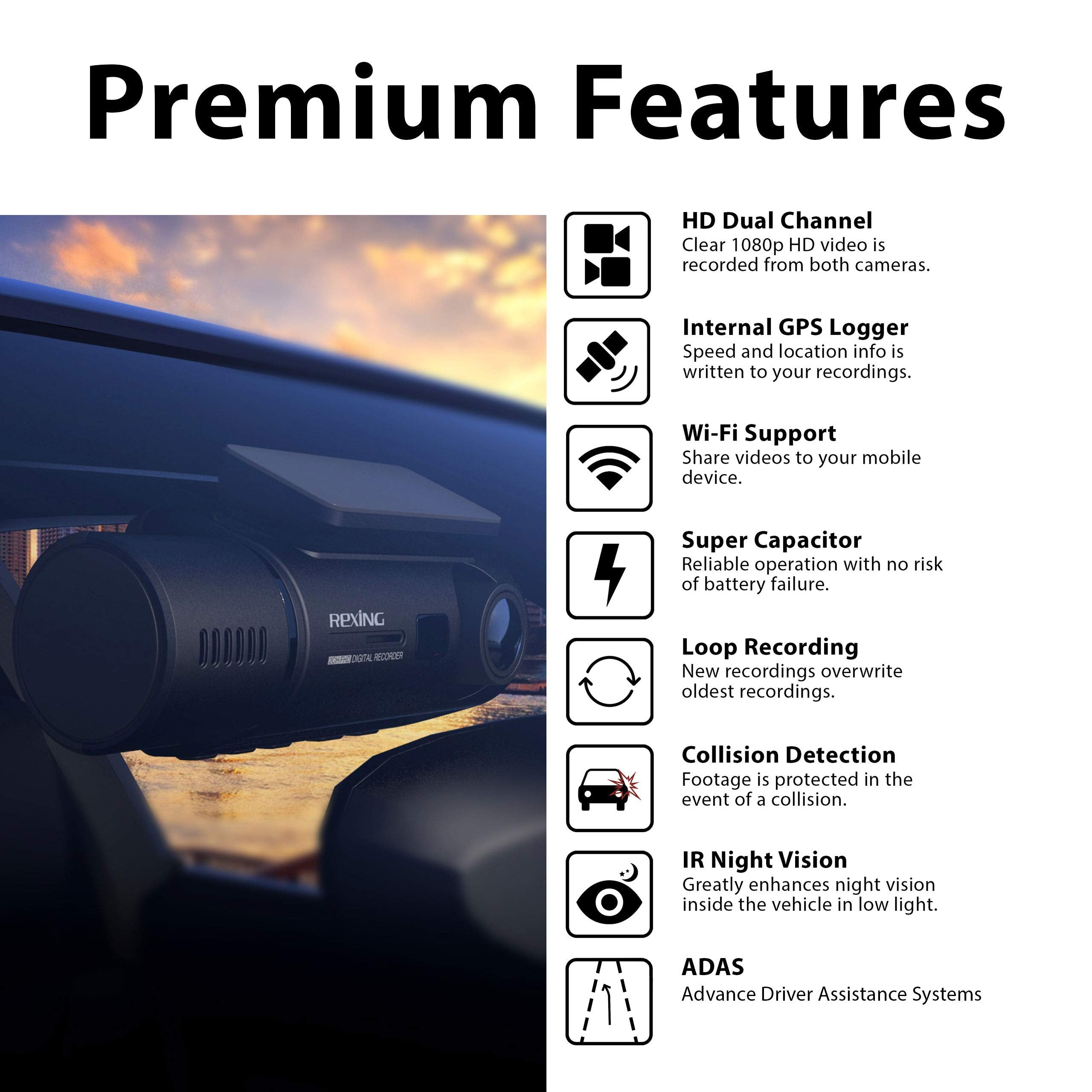 Rexing V3 Dual Camera Front And Inside Cabin Full Hd 1080P With Wifi And Built In Gps