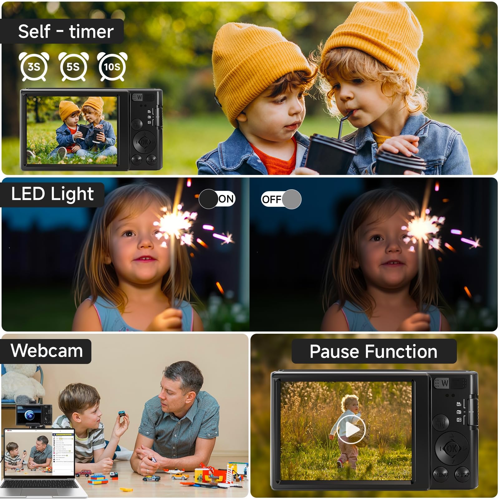 Digital Camera, Fhd 1080P 44Mp Digital Camera For Kids Video Camera With 64Gb Sd Card 16X Digital Zoom, Compact Point And Shoot