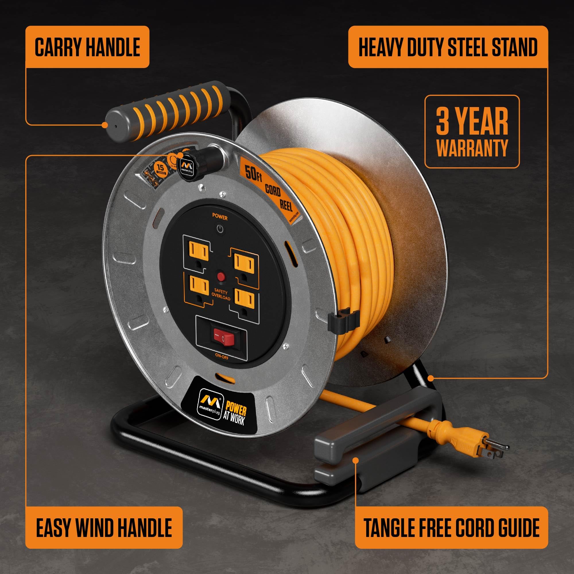 Masterplug 50Ft Cord Reel, Metal Steel Cable Drum, Retractable Extension Lead With Winding Handle, Safety Overload Circuit Break