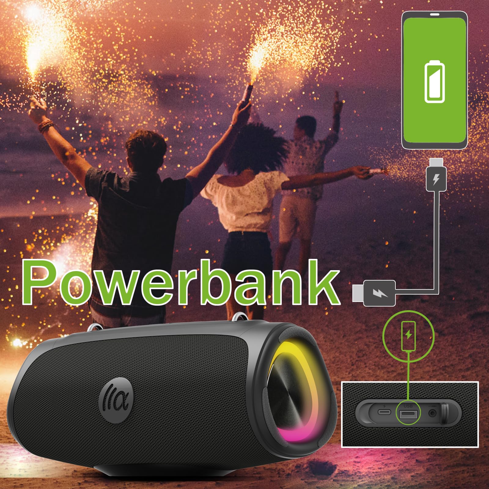 Tazata Portable Loud Bluetooth Speaker, 60W Large Subwoofer Wireless Bluetooth 5.3 With Powerbank Usb Charge Out,Waterproof Ipx7