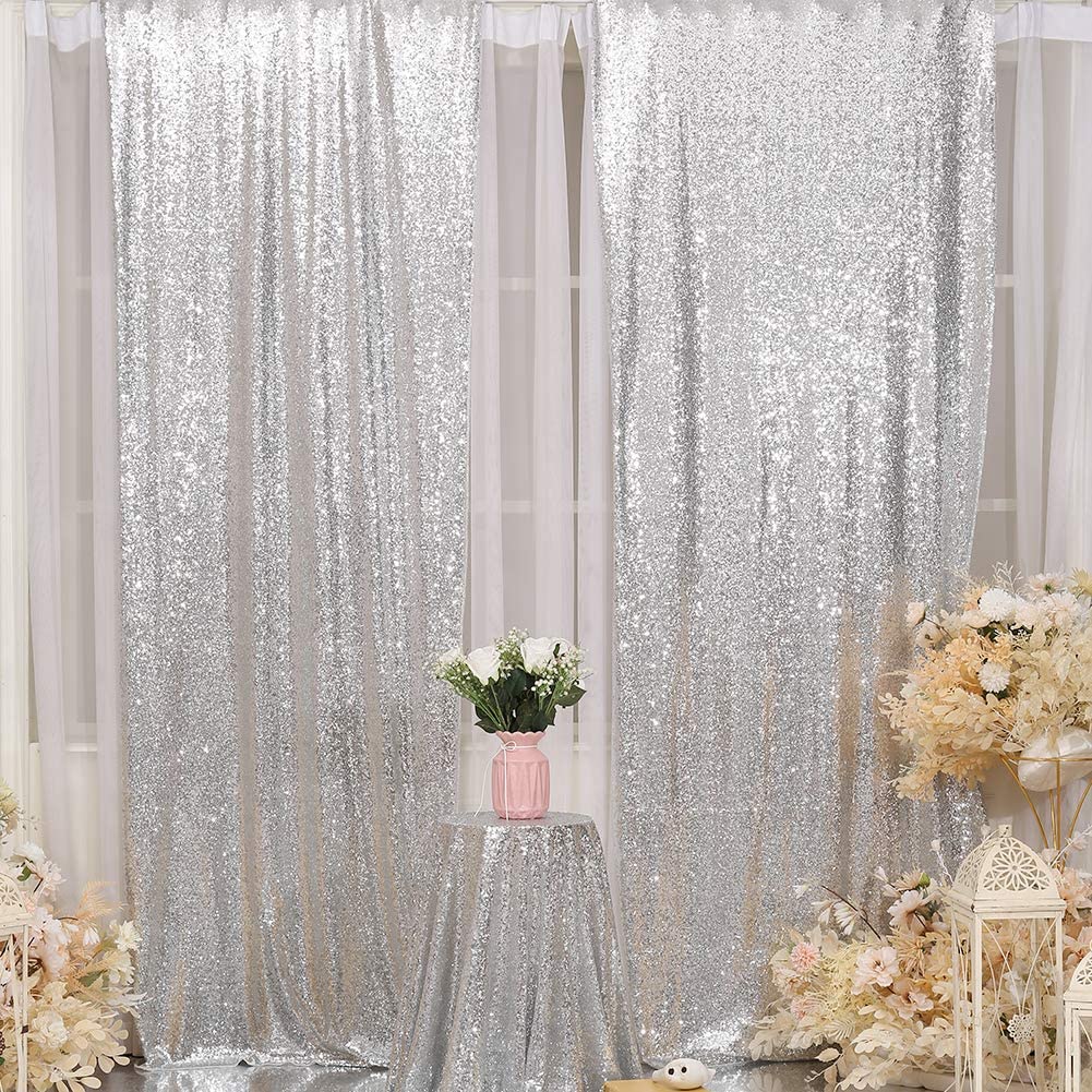 Eternal Beauty Silver Sequin Backdrop Curtains For Wedding Party Decor, Sequin Christmas Backdrop Curtain (2 Pack, W2 X H8Ft,Sil