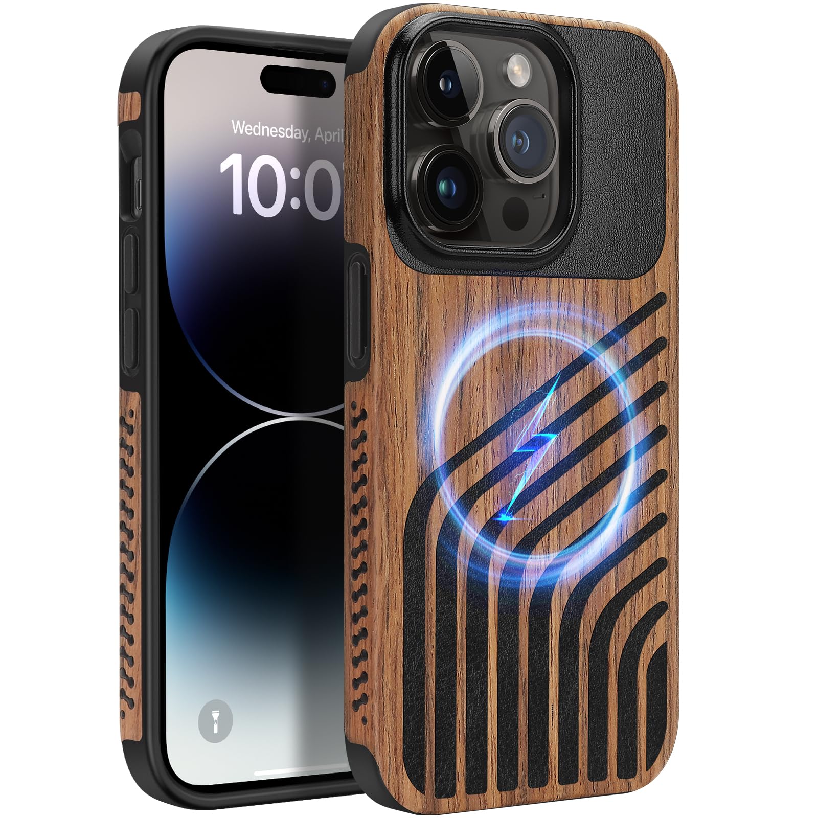 ZZDZZ Magnetic Case Compatible with iPhone 14 Pro Max Case [Compatible with MagSafe] Wood and Leather Carbon Fiber Design Hybrid