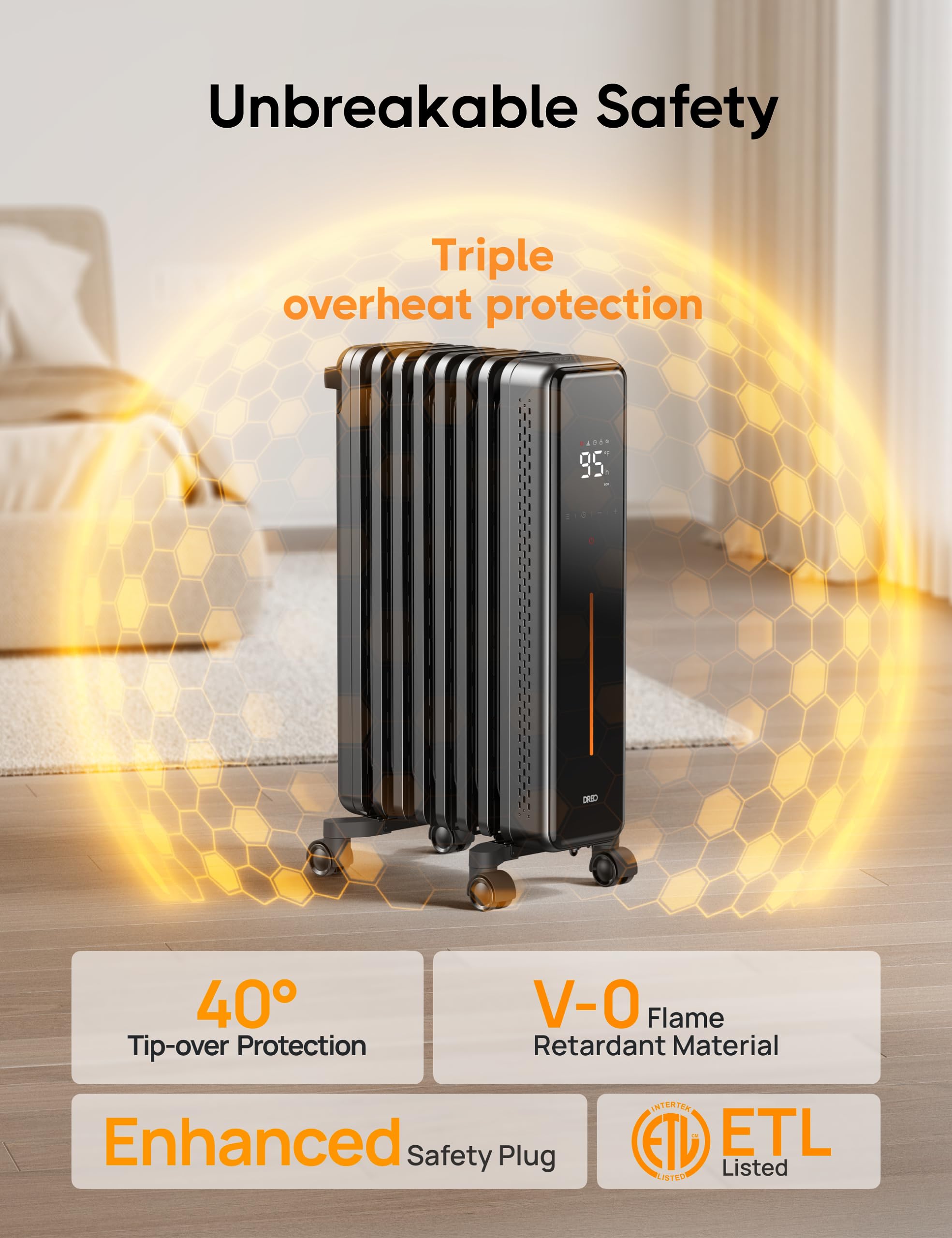 Dreo Radiator Heater, 1500W Portable Space Oil Filled With Remote Control, 4 Modes, Overheat & Tip Over Protection, 24H Timer, Q