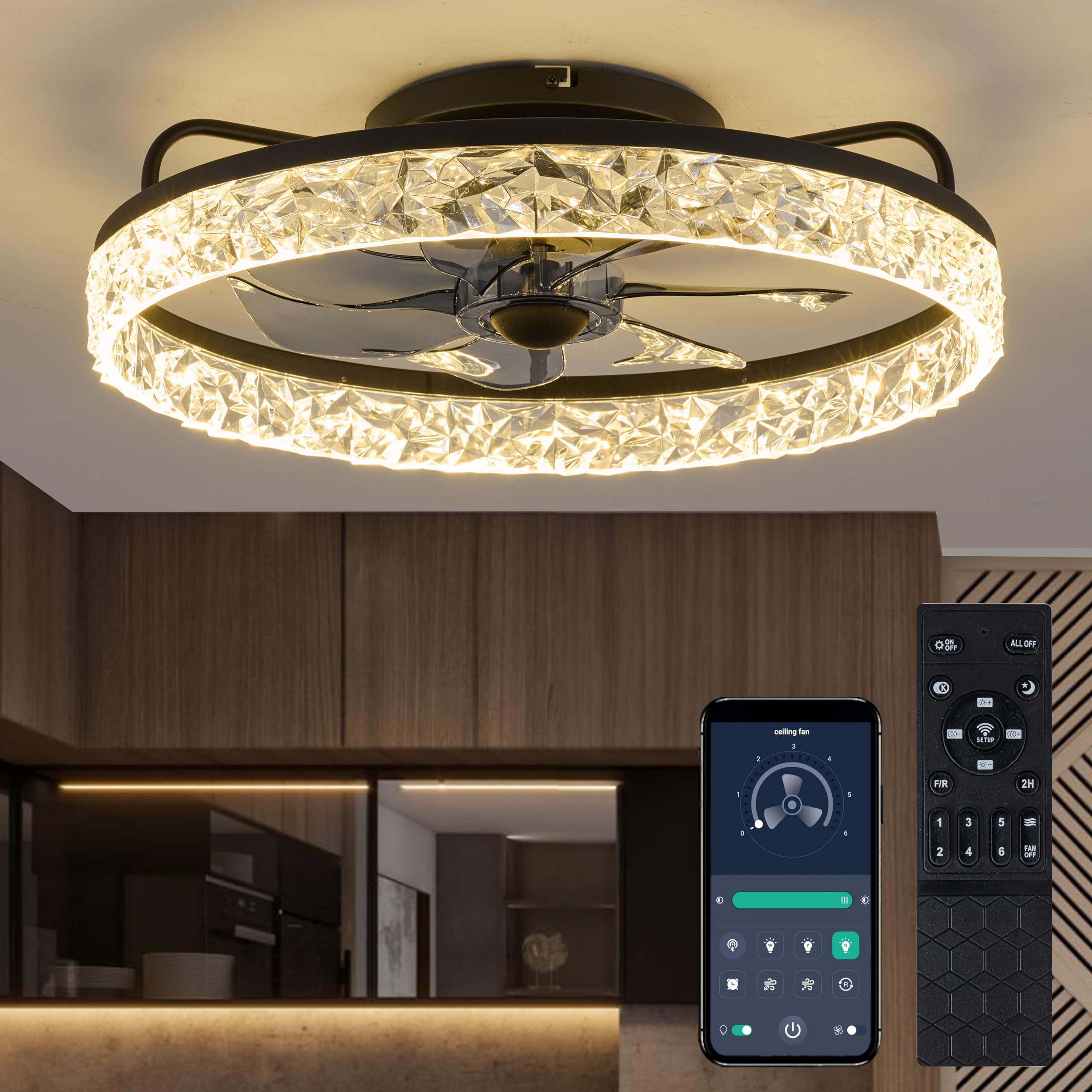 zouzai Ceiling Fans with Lights, 20 Flush Mount Ceiling Fan with Remote & APP Control, Black Low Profile Ceiling Fan, Smart Dimm