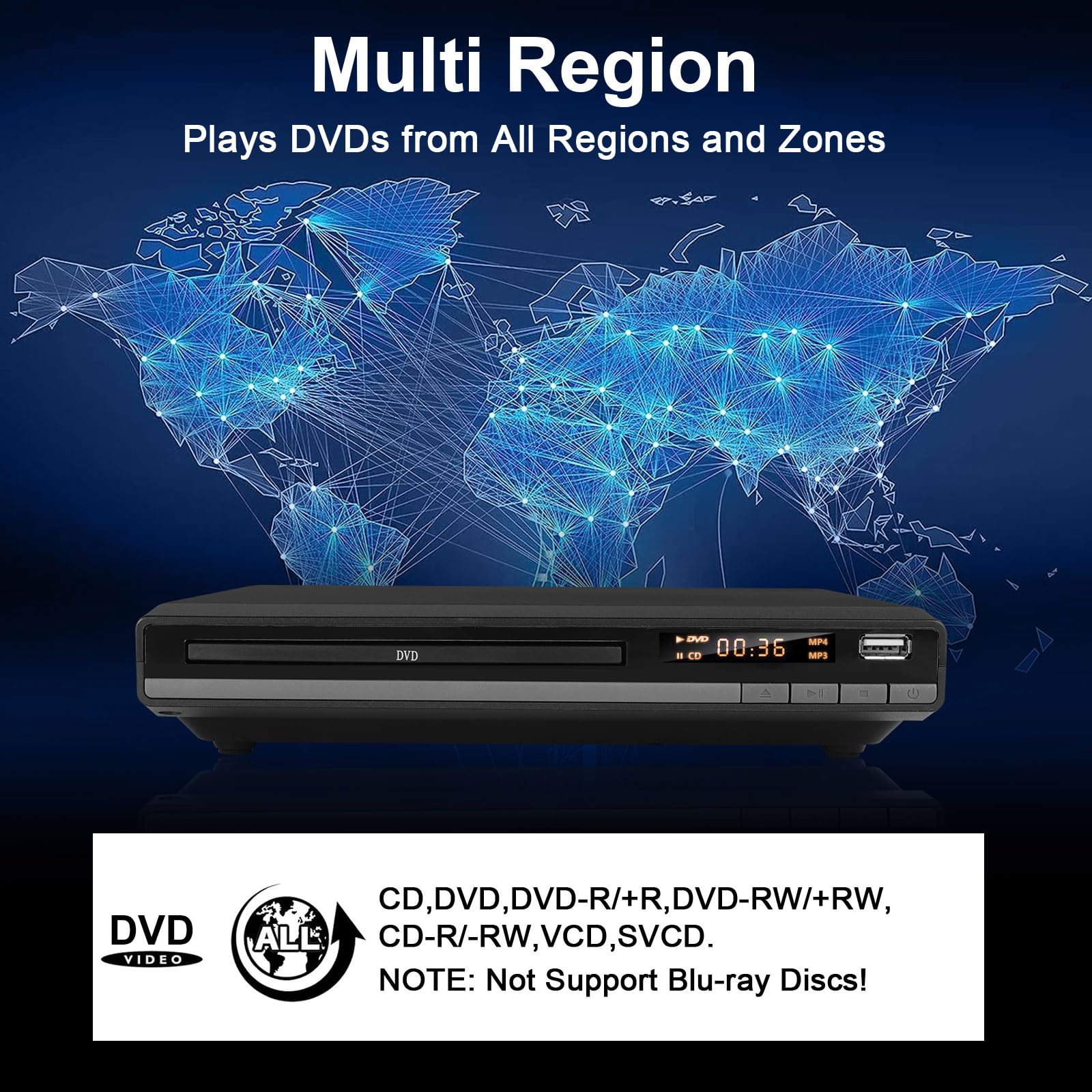 Dvd Player Hdmi Region Free Dvd Players For Tv, 1080P Upscaling, Usb Input, Hdmi Rca Cable Included, Breakpoint Memory, Built In