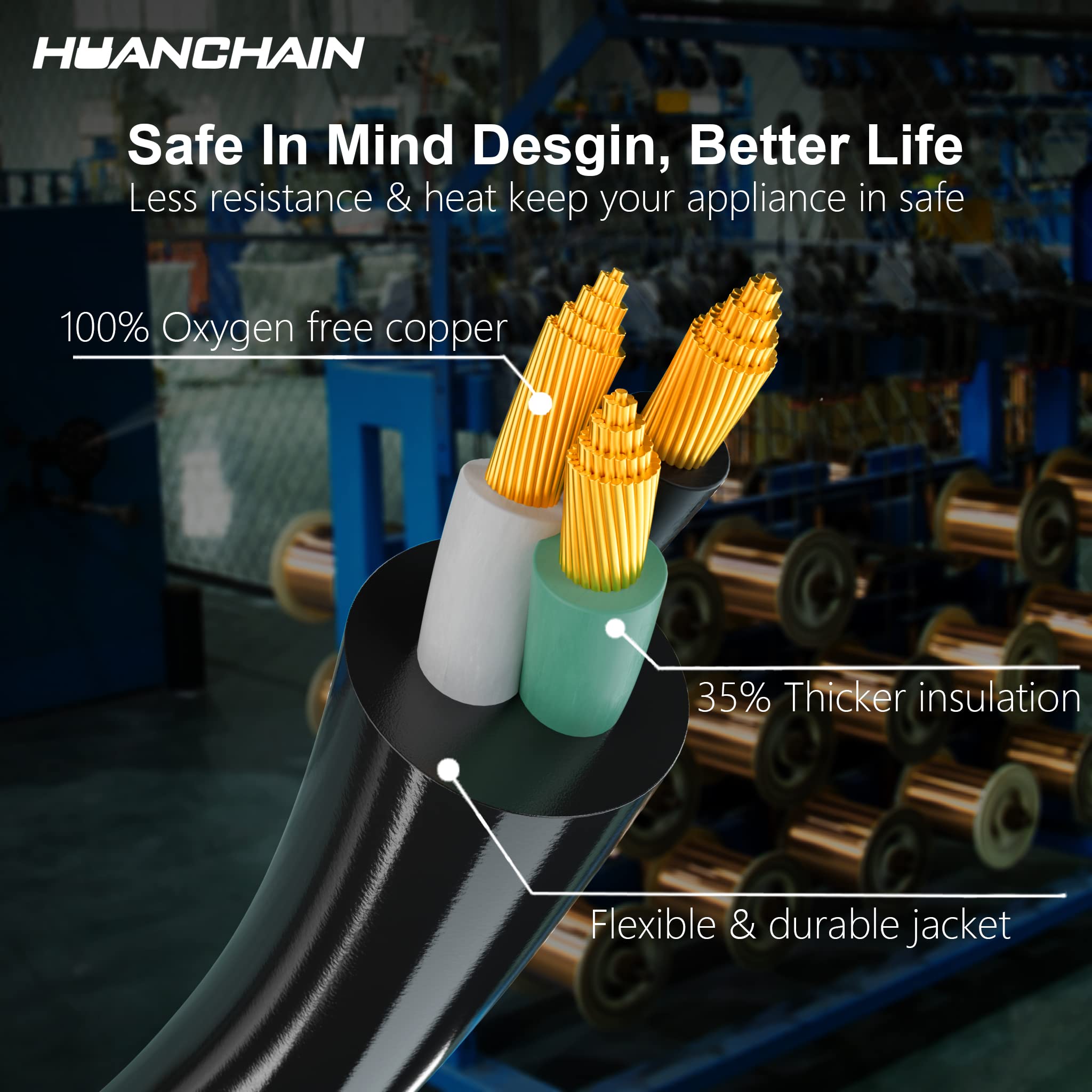 Huanchain Black Outdoor Extension Cord 100 Ft Waterproof, Flexible 16/3 Gauge Heavy Duty Power Cord Extension 3 Prong 10A 1250W