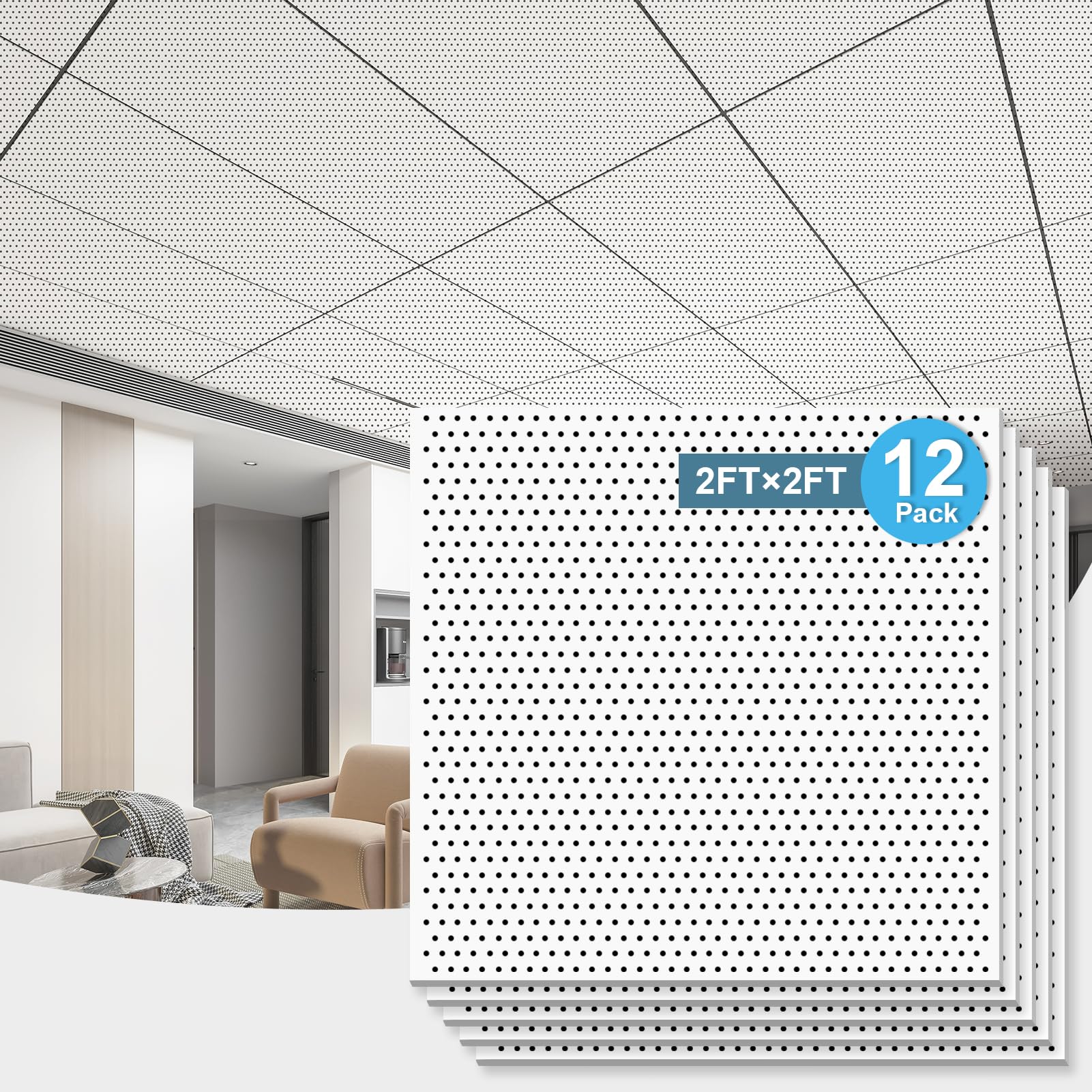 Art3D Acoustic Drop Ceiling Tiles 2X2Ft 12 Pack, Soundproof Panels 24X24 For Wall Coverings, White