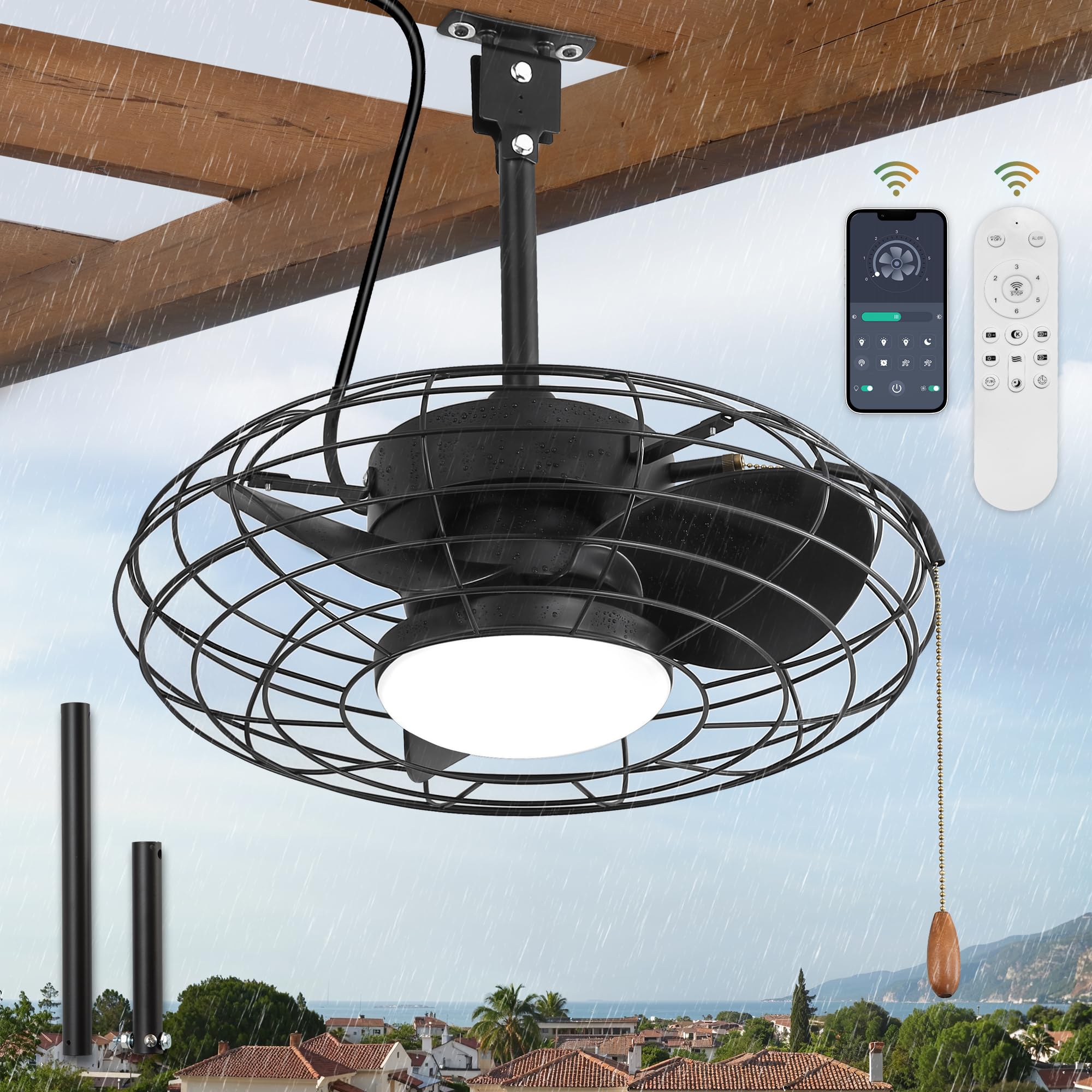 ZMISHIBO Outdoor Ceiling Fans with Light for Patios,Waterproof Gazebo Fan with Remote Control Smart App,3CCT Dimmable,Plug in Ca