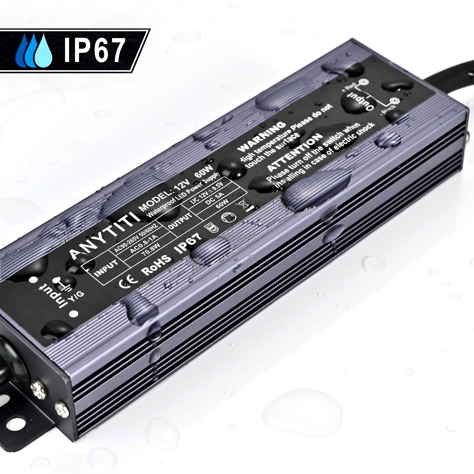 Anytiti Led Driver,Led Power Supply Ip67 Waterproof Output 60W Dc12V 5A 3 Prong Plug 4.5Feet