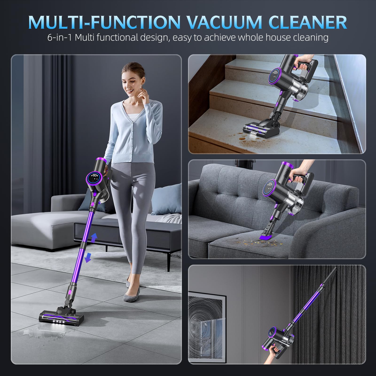 Cordless Vacuum Cleaner, 20Kpa Stick Vacuum With Led Display, 2 Modes 6 In 1 Lightweight Cordless Stick Vacuum Cleaner With 40Mi