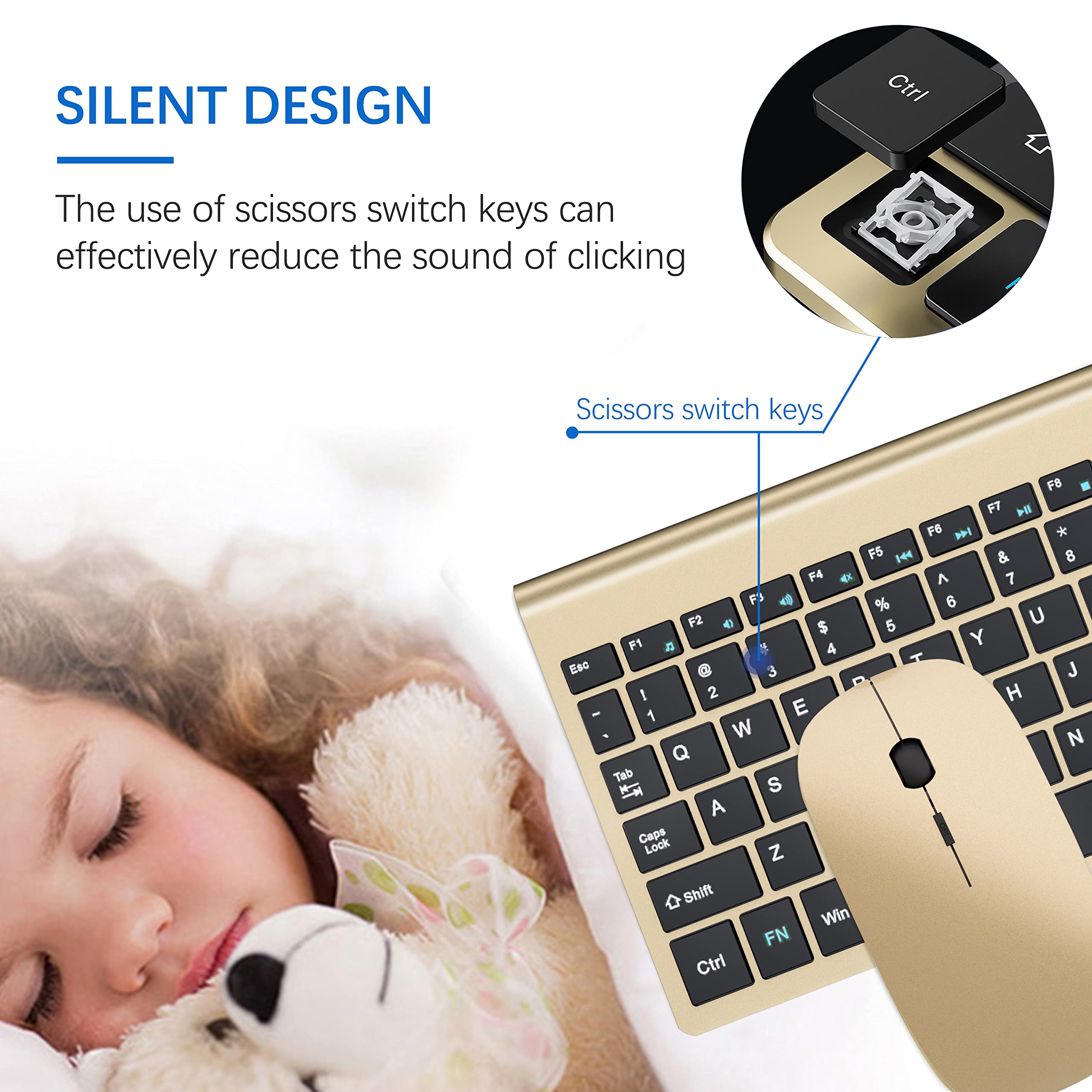 Wireless Keyboard And Mouse Ultra Slim Combo, Topmate 2.4G Silent Compact Usb 2400Dpi Mouse And Scissor Switch Keyboard Set With Cover, 2 Aa And 2 Aaa Batteries, For Pc/Laptop/Windows/Mac   Gold Black