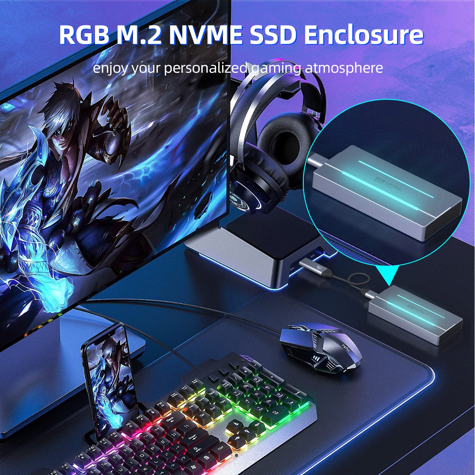 Rgb M.2 Nvme Ssd Enclosure For Gaming, Usb 3.1 Gen 2(10 Gbps) Type C To Ngff Nvme Pcie M Key(B&M Key) External Solid State Drive