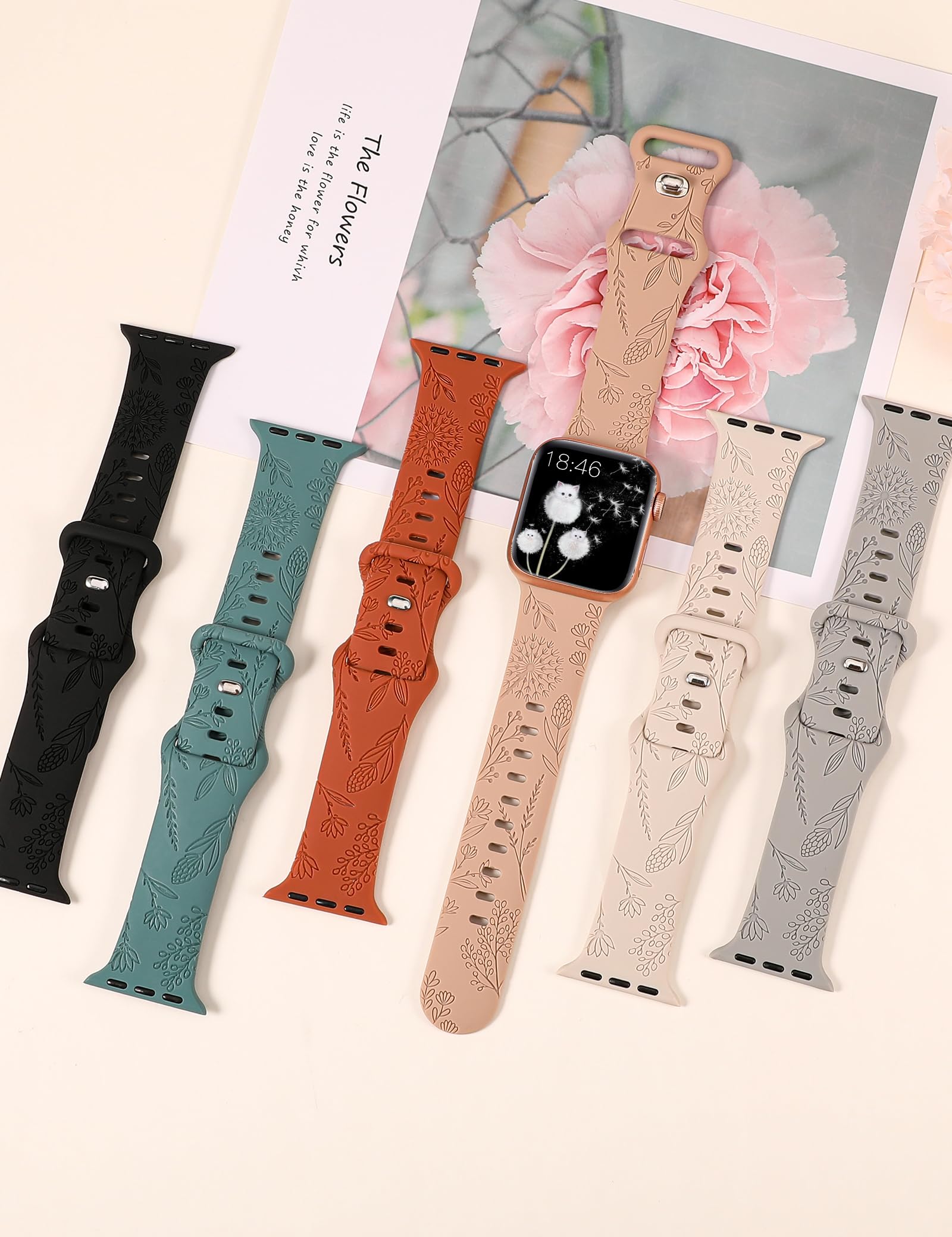 Minyee 6 Pack Floral Engraved Bands Compatible With Apple Watch Band 44Mm 40Mm 41Mm 45Mm 38Mm 42Mm 49M Women,Cute Soft Silicone