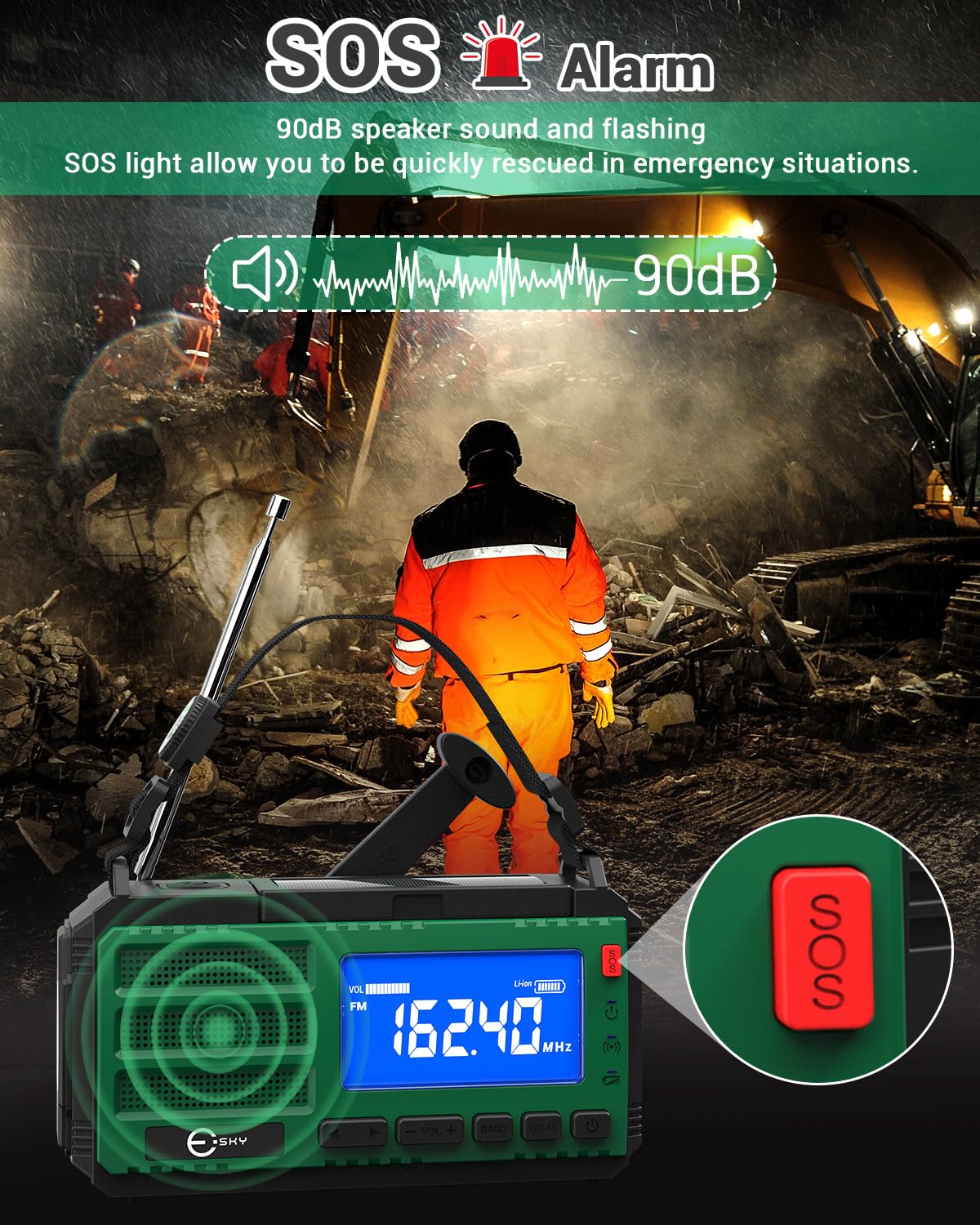 Esky 10000Mah Emergency Hand Crank Radio, Am/Fm/Noaa Portable Weather Alert Radio With Flashlight, Solar Powered Rechargeable Ra