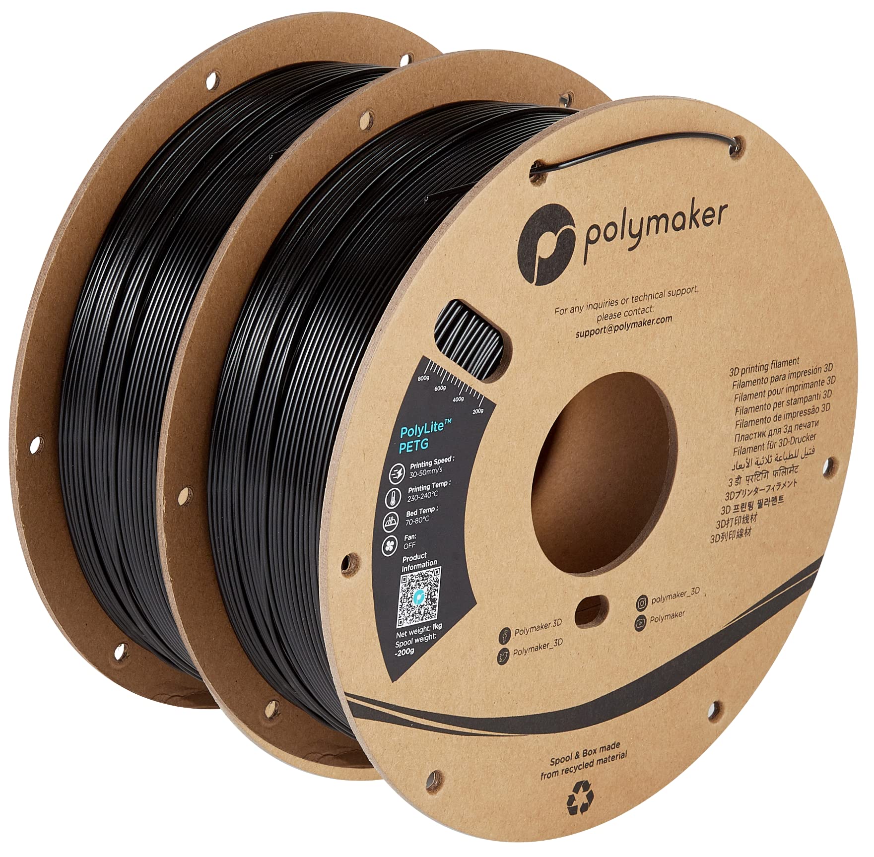 Polymaker PETG Filament 1.75mm 2kg Black*2 3D Printer Filament, PolyLite PETG 3D Printing Filament 1.75mm, Dimensional Accuracy 