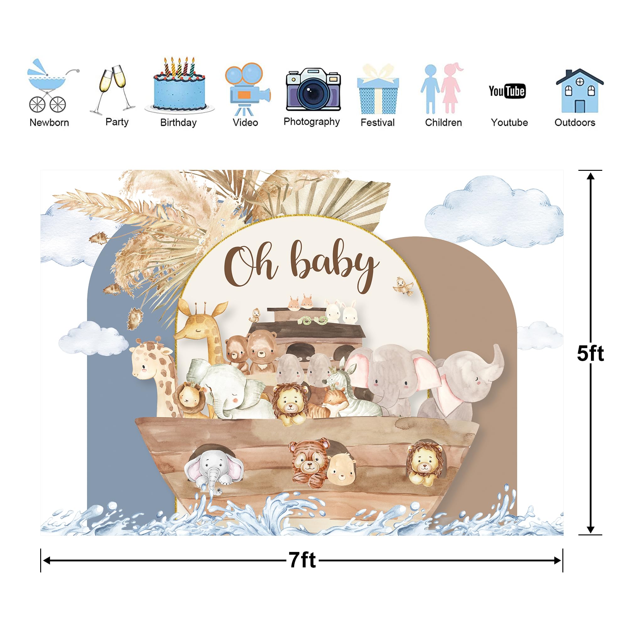 Glawry Noah'S Ark Backdrop For Photography 7Wx5H Feet Oh Baby Boho Blue Pampas Flower Cartoon Woodland Animal Ocean Lovely Cloud