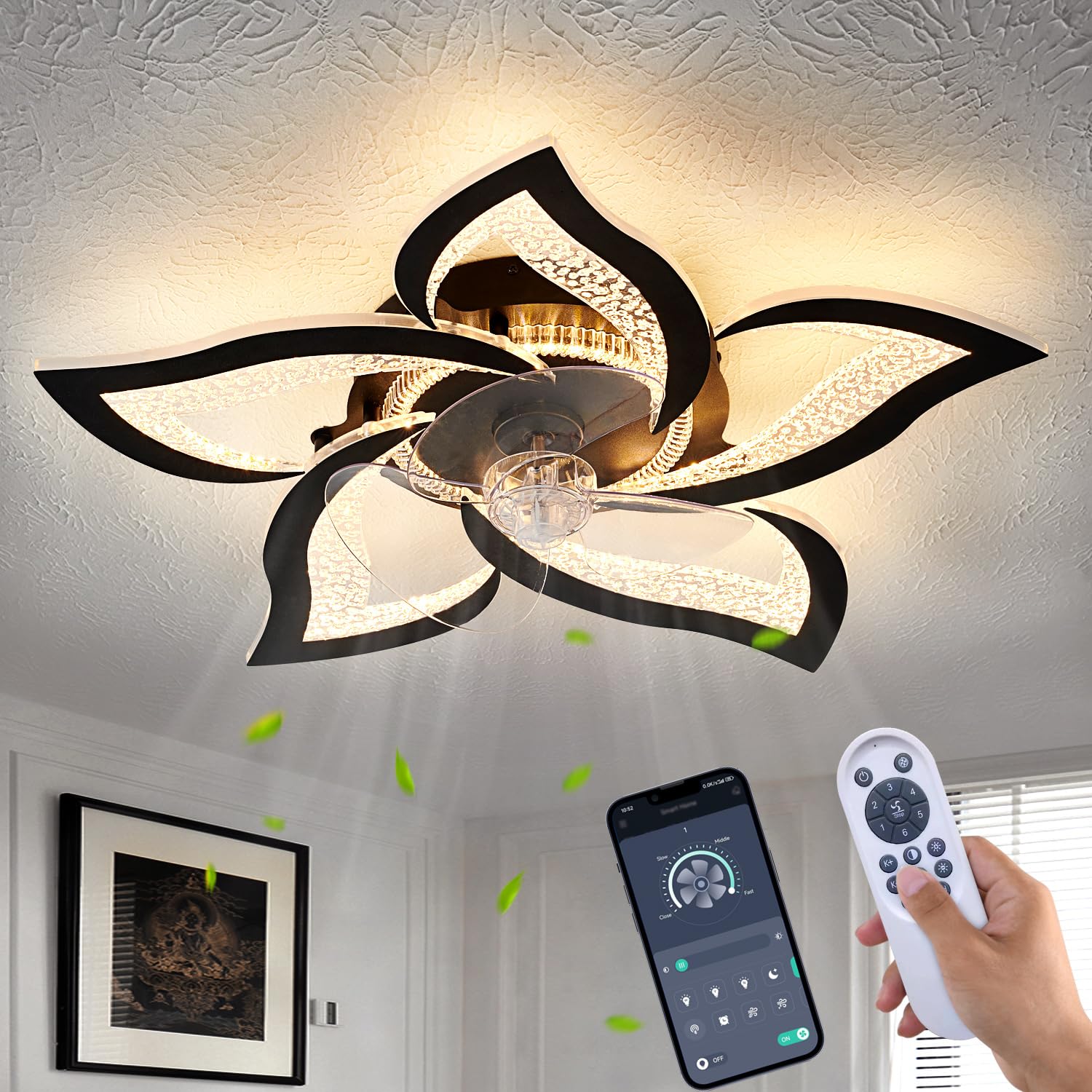 haodengshi Geometric Ceiling Fan with Lights, 27 Black Ceiling Fan Lights with Remote, 6 Speeds Adjustable Black Farmhouse Indus