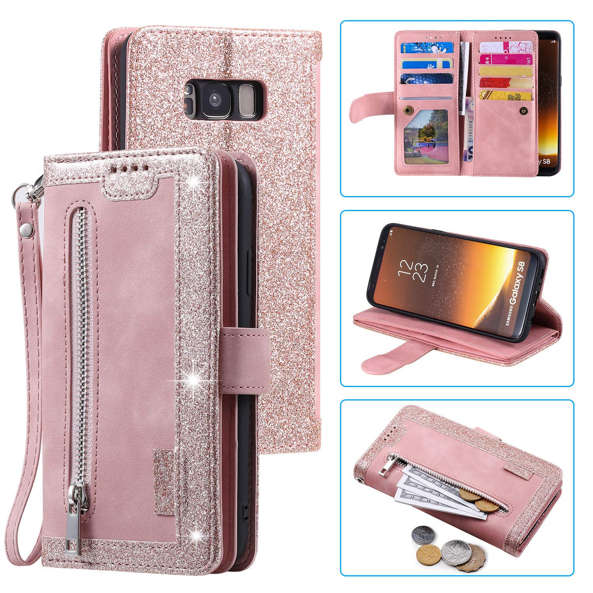 Ueebai Wallet Case For Samsung Galaxy S8, Retro 9 Card Holder Slots Zipper Pocket Handbag Case Pu Leather Magnetic Closure Kicks