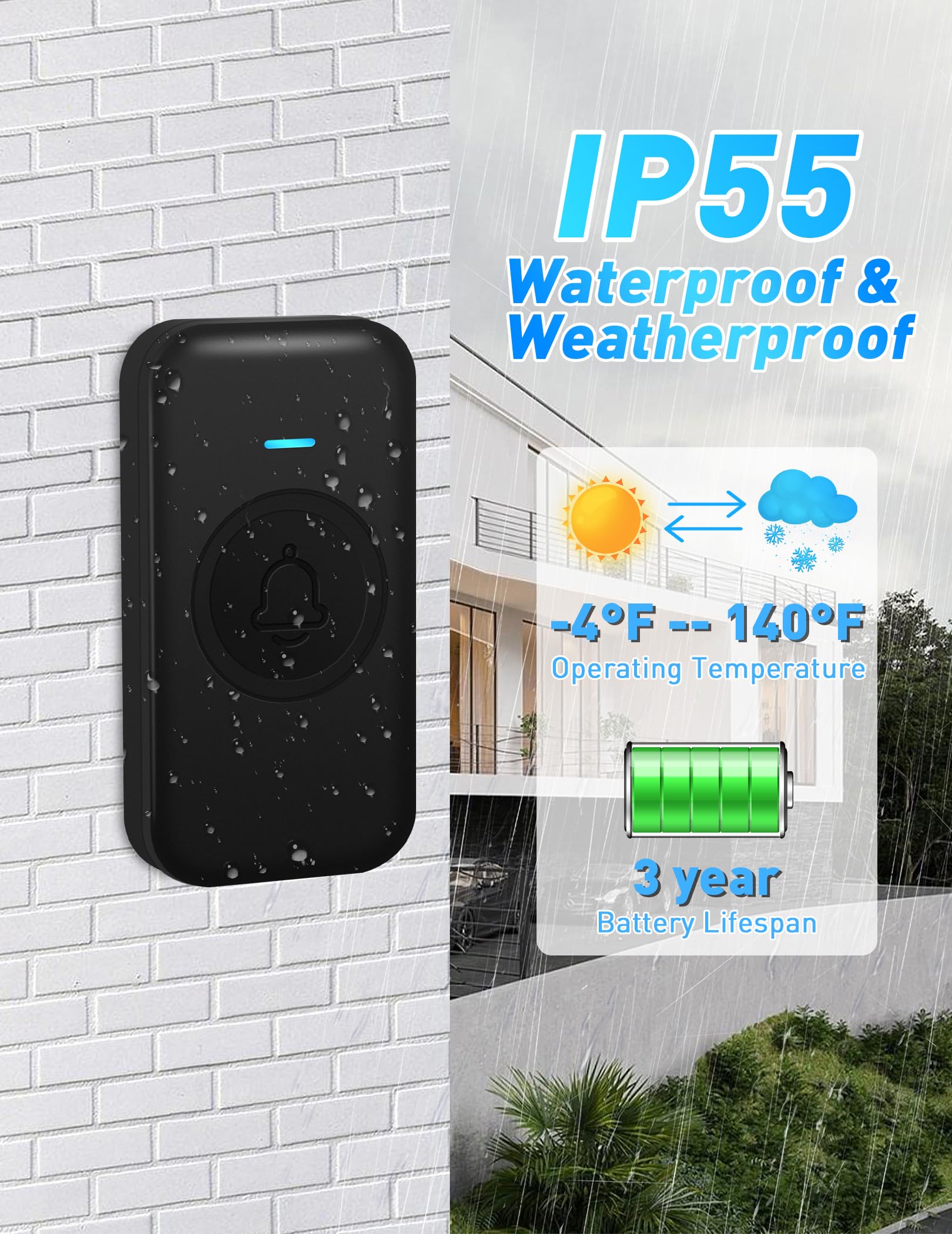 Fovksuc Wireless Doorbell, Waterproof Door Bell With 60 Chimes, 5 Volume Levels & Mute Mode, Loud Door Bell Ringer Wireless For
